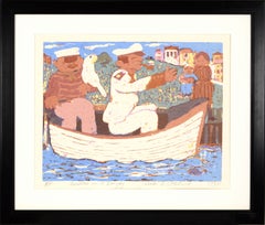 "Sailors in a Dinghy", Modern Figurative Landscape with Row Boat & Parrot, A/P