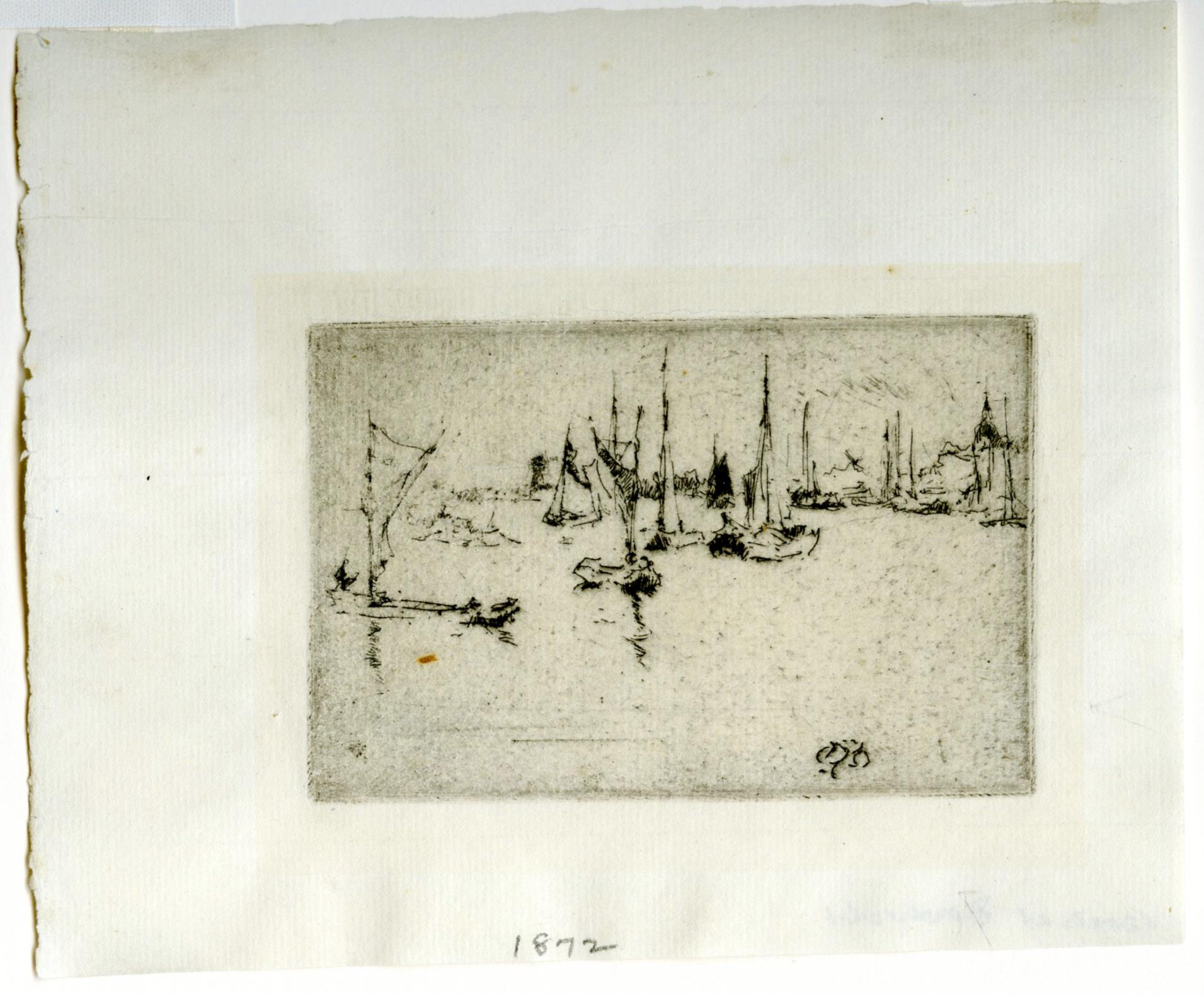 Chiatte, Dordrecht
Acquaforte, 1886 circa
Firmato nel piatto con la farfalla
Edizione: Una delle 10 impressioni conosciute di questa immagine. MOLTO RARO
Provenienza:
Frederick Keppel & Co. con il loro codice di costo 