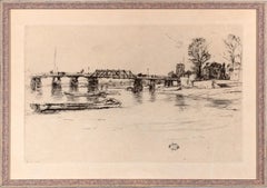 19th century engraving landscape bridge industrial river scene ink signed