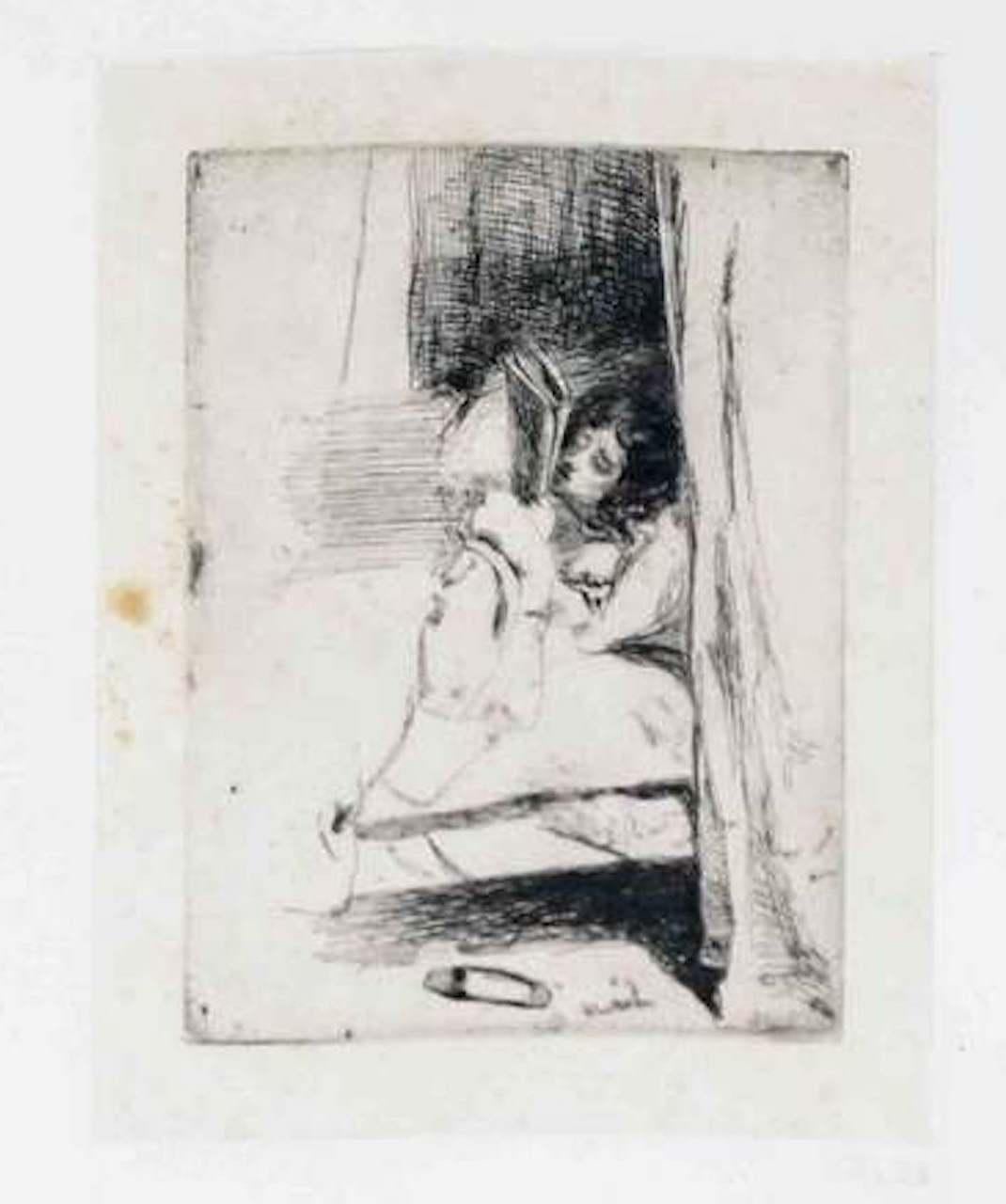 James Abbott McNeill Whistler Figurative Print - Reading in Bed - Original Etching by J.A.M. Whistler - 1858