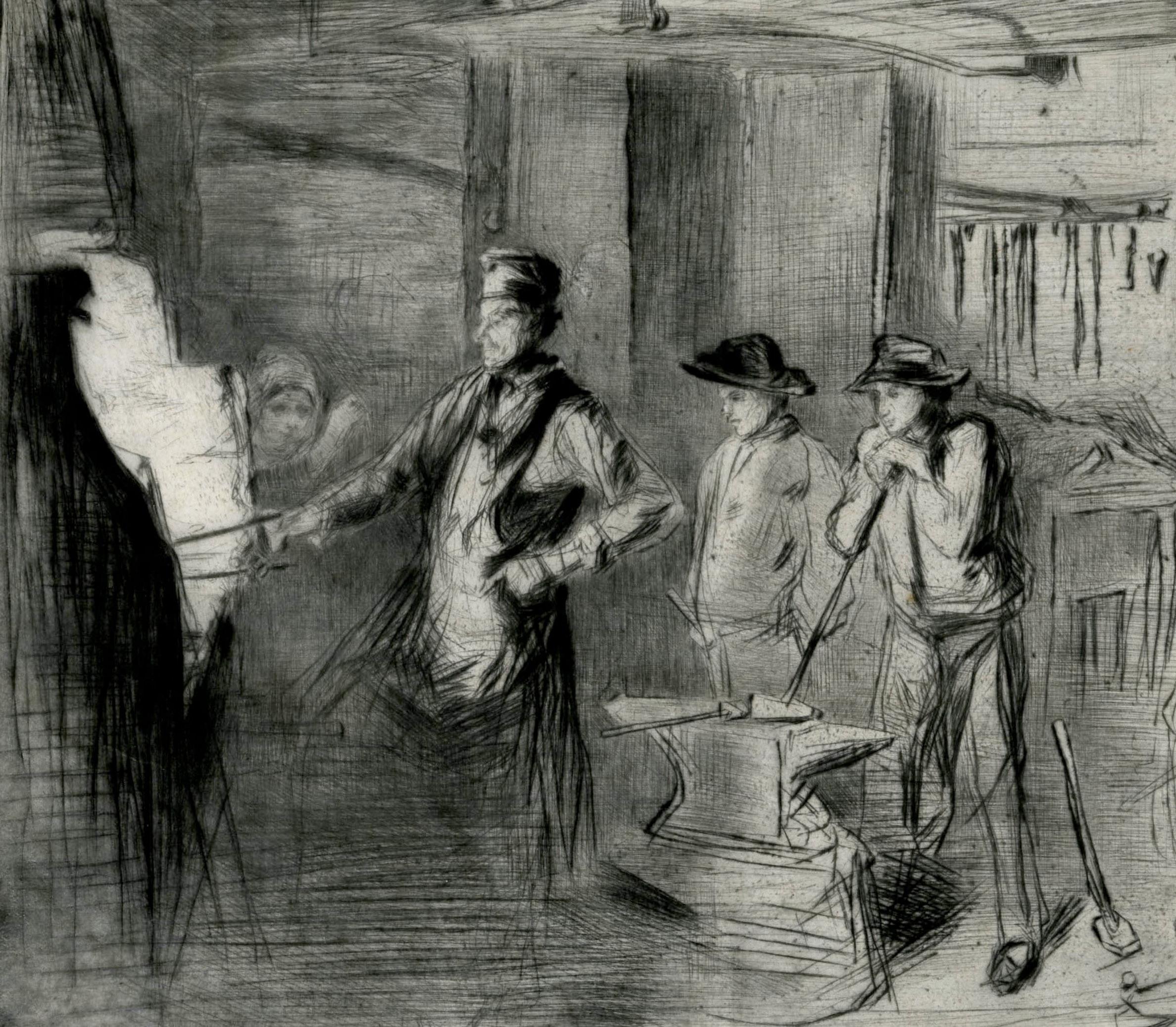 The Forge
Drypoint, 1861
Signed in the plate lower right (see photo)
Published as part of the Thames Set, 1871
Printed between 1894 and 1896 when the plate was canceled. This impression was probably printed for the then owners of the plate,