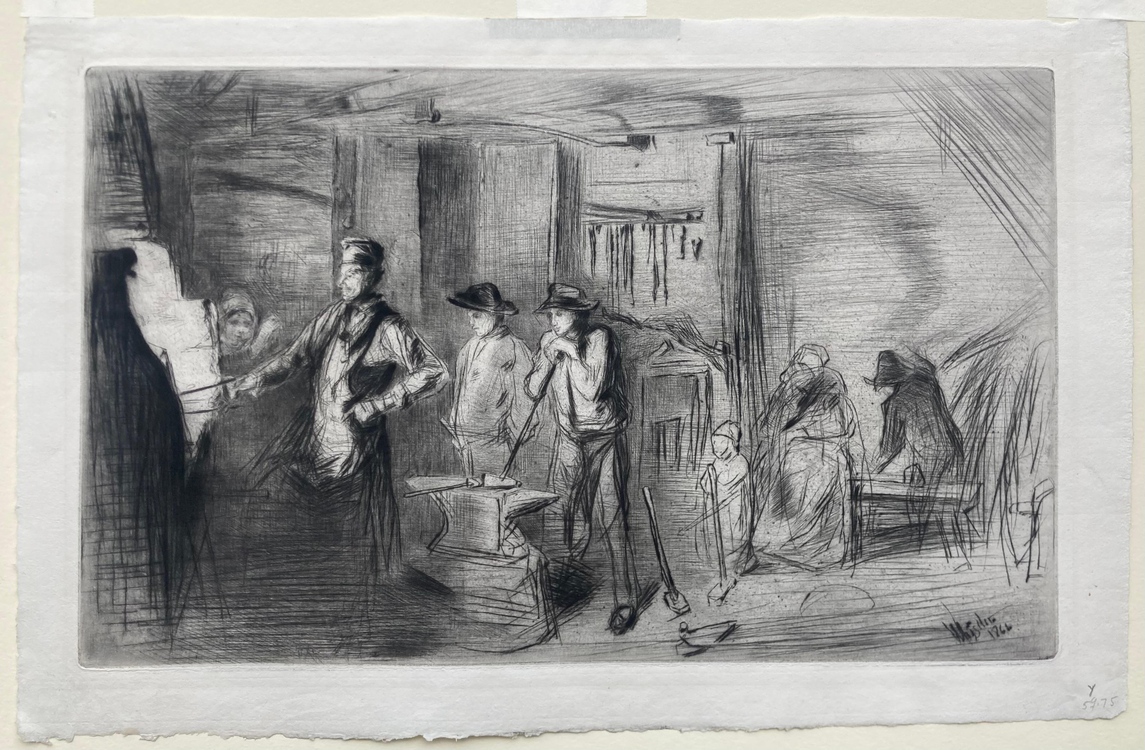 THE FORGE - Rich Drypoint - Gray Figurative Print by James Abbott McNeill Whistler