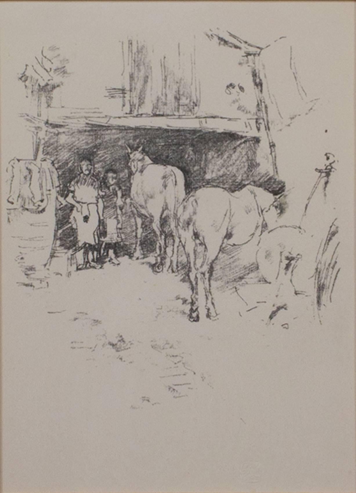 James Abbott McNeill Whistler Figurative Print - "The Smith's Yard (Levy #126), " Original Lithograph signed by J.A.M. Whistler