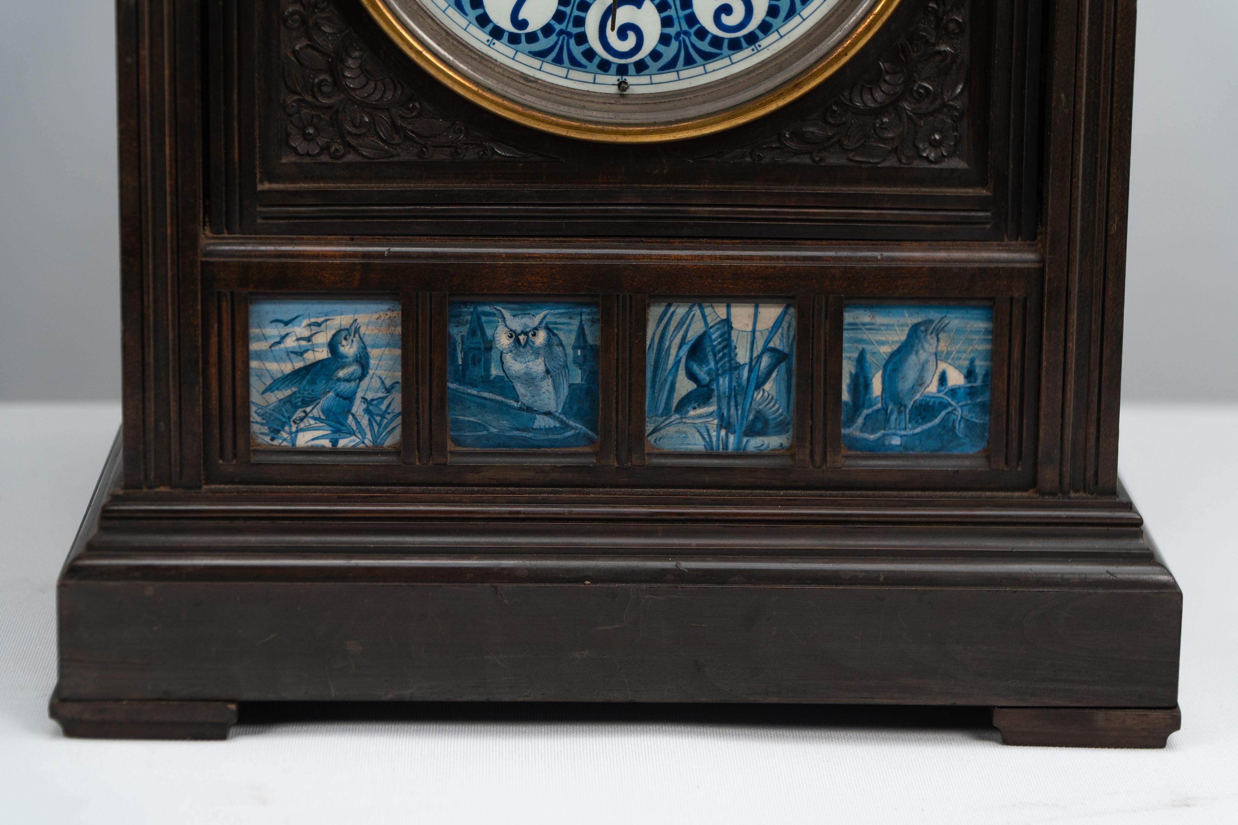 James Aitchison Aesthetic Movement mantel or bracket clock with Owls & Songbirds For Sale 1