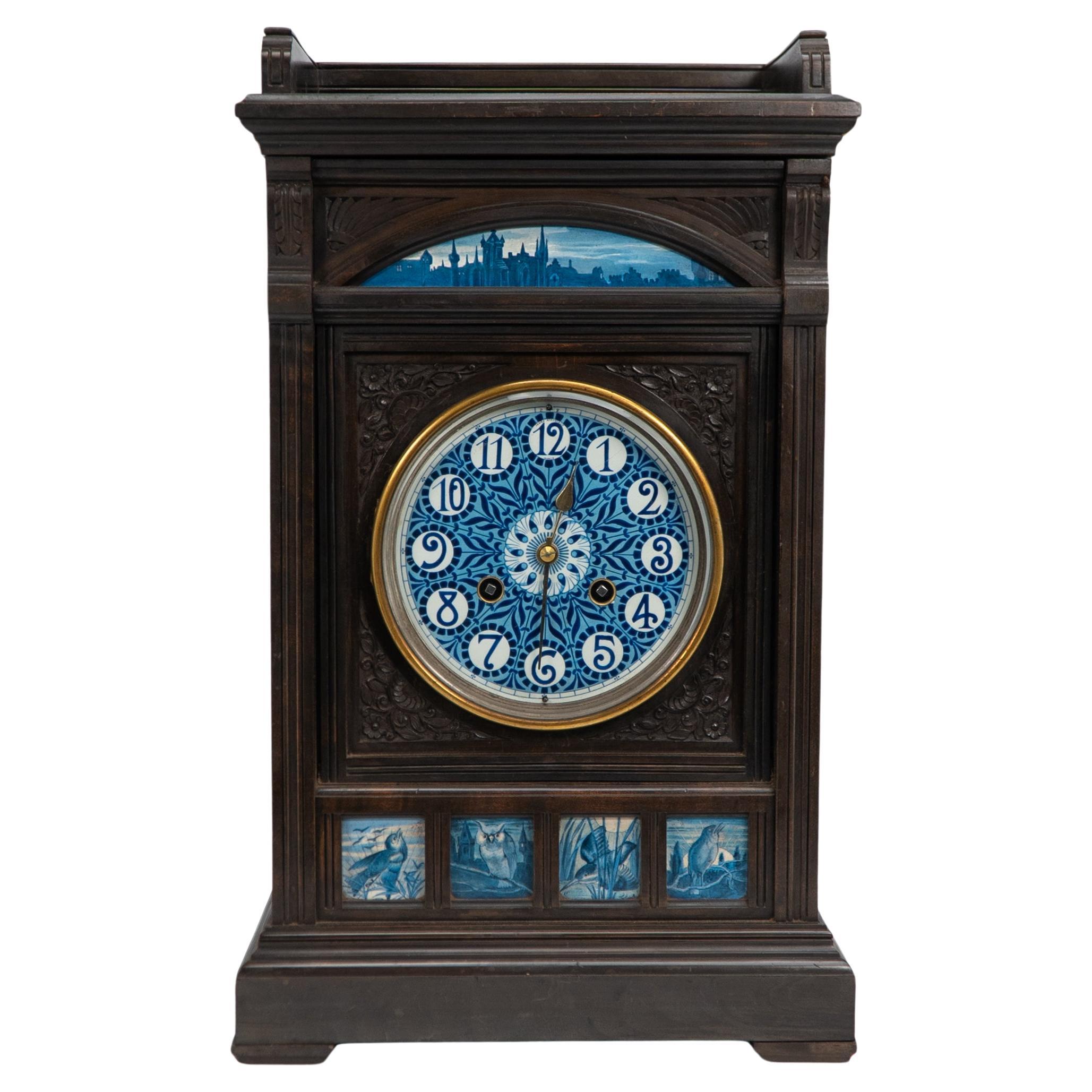 James Aitchison Aesthetic Movement mantel or bracket clock with Owls & Songbirds