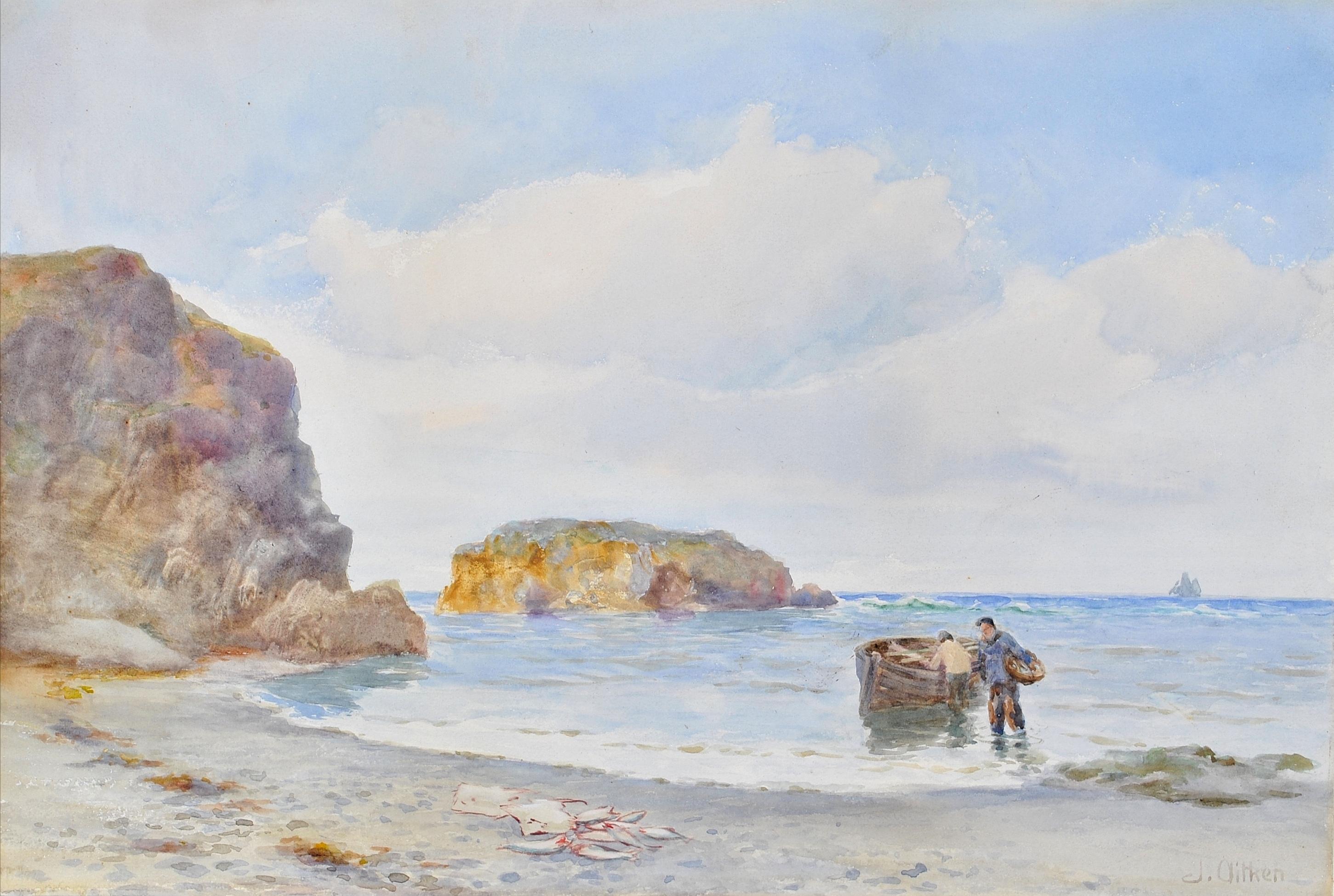 Sur la côte d'Anglesea - Plage côtière galloise Peinture ancienne à l'aquarelle