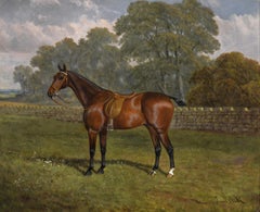 19th Century sporting horse oil painting of a bay hunter in a field