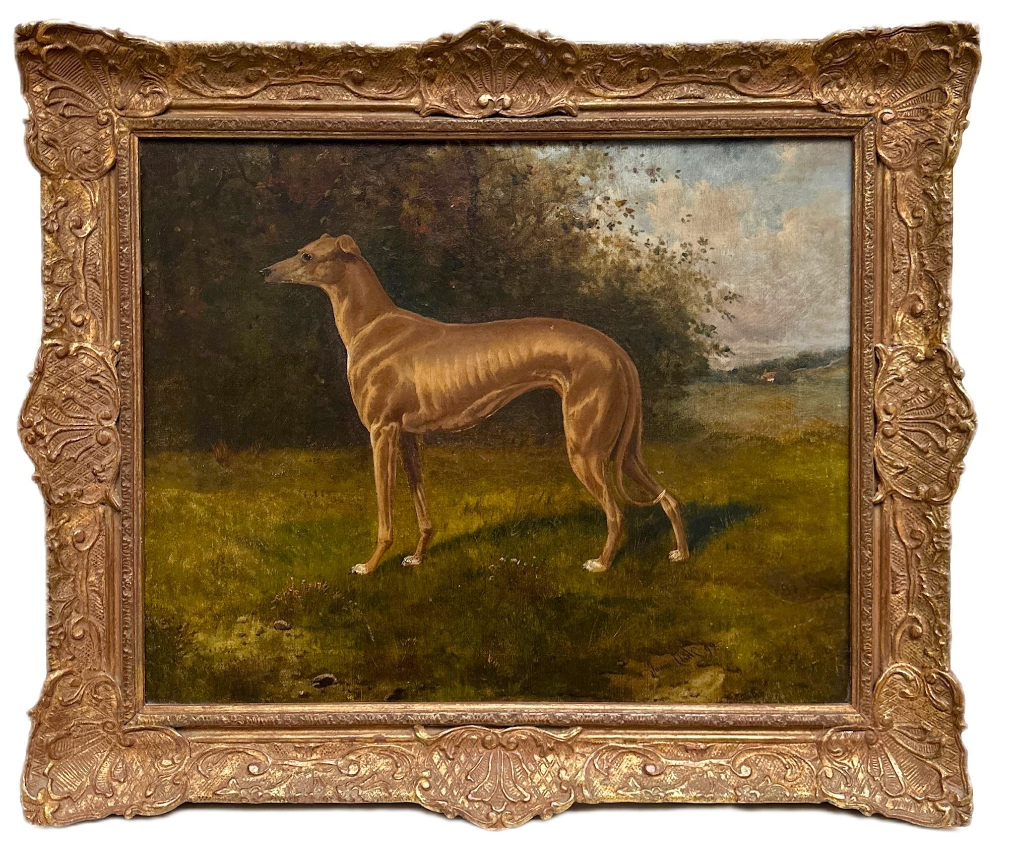Ein Porträt eines Windhundes aus dem 19. Jahrhundert in einer grünen Landschaft, signiert