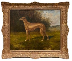 A 19th century portrait of a greyhound dog in a verdant landscape, signed