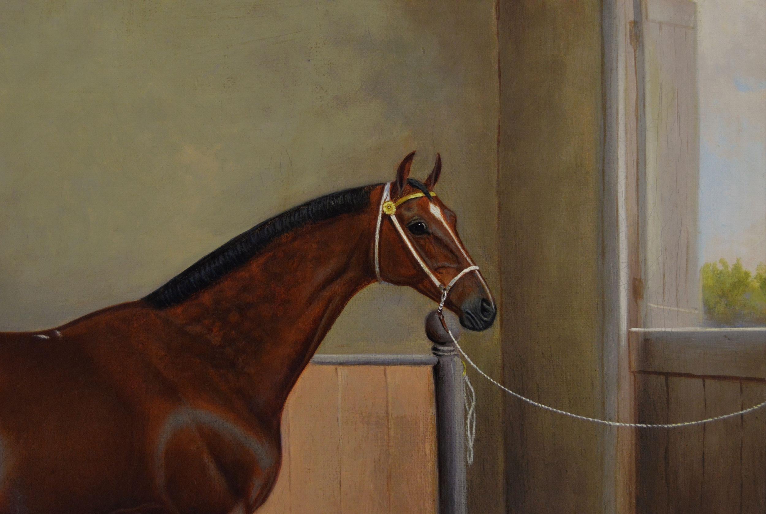Sporting horse portrait oil painting of a bay horse in a stable - Brown Animal Painting by James Albert Clark