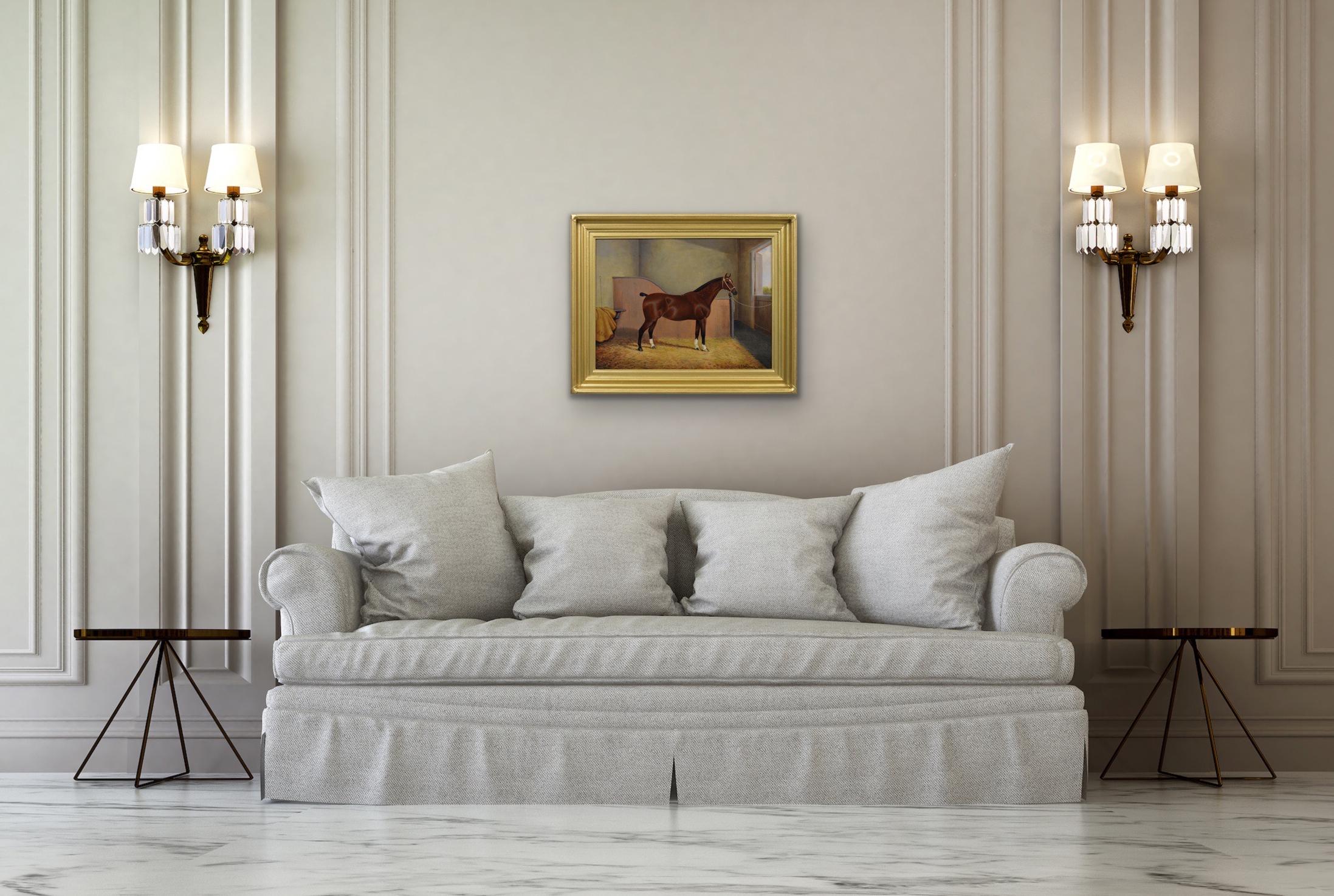 Sporting horse portrait oil painting of a bay horse in a stable For Sale 3