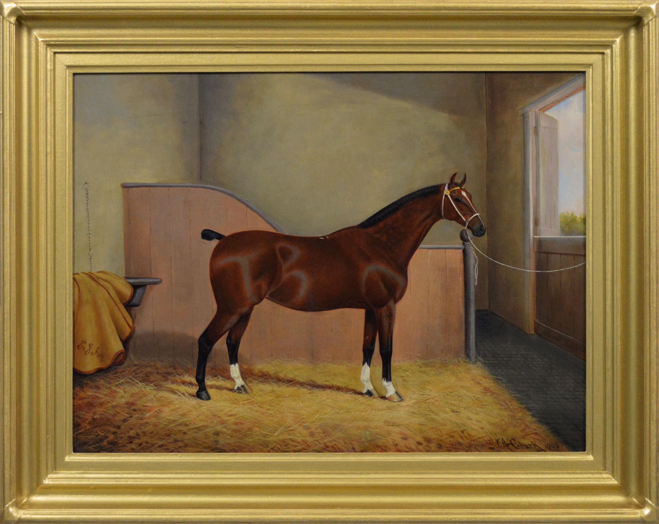 James Albert Clark Animal Painting - Sporting horse portrait oil painting of a bay horse in a stable