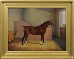 Portrait à l'huile d'un cheval de chasse dans une écurie