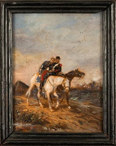 Antique Miniature Oil Painting on Panel French Battle Cavalry Horse Scene 1875