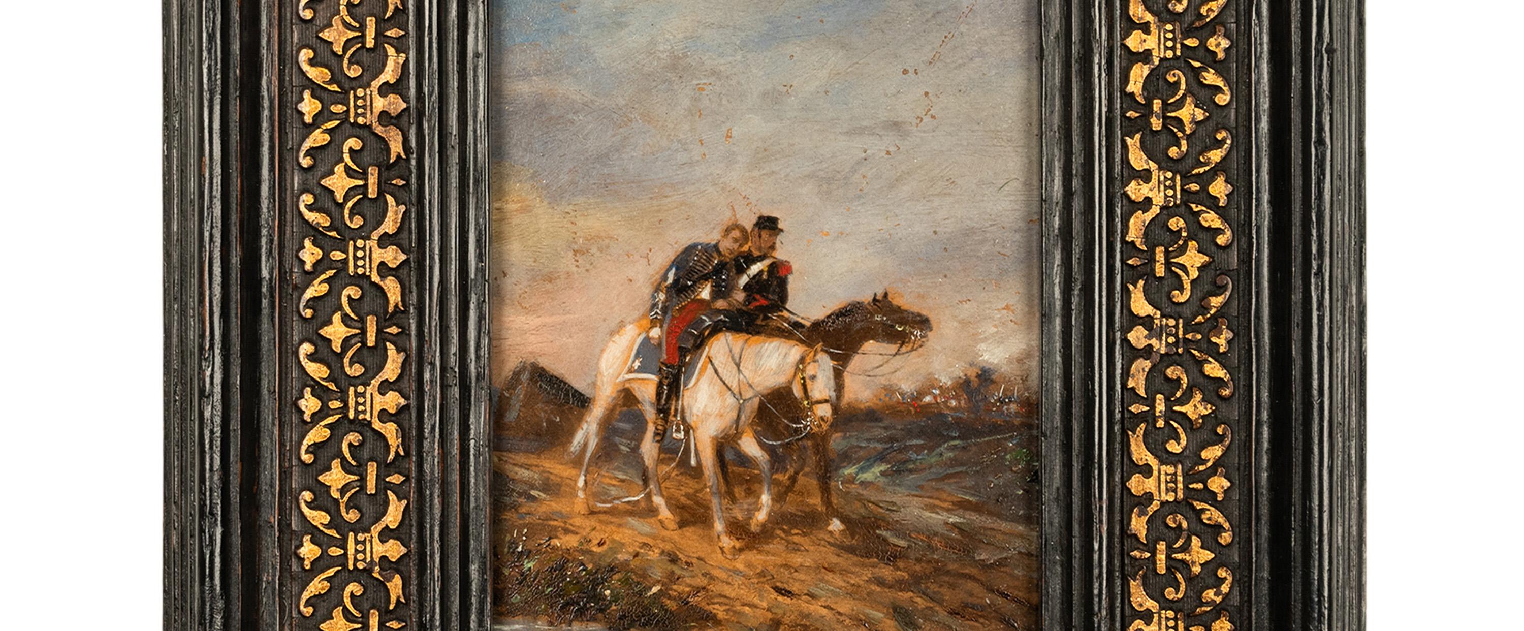 Antique French Miniature Oil Painting on Panel French Battle Cavalry Horse Scene 1875 in vendita 2