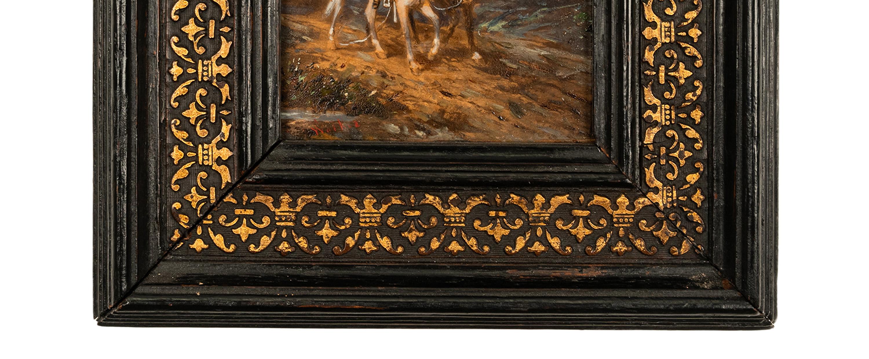 Antique French Miniature Oil Painting on Panel French Battle Cavalry Horse Scene 1875 in vendita 3