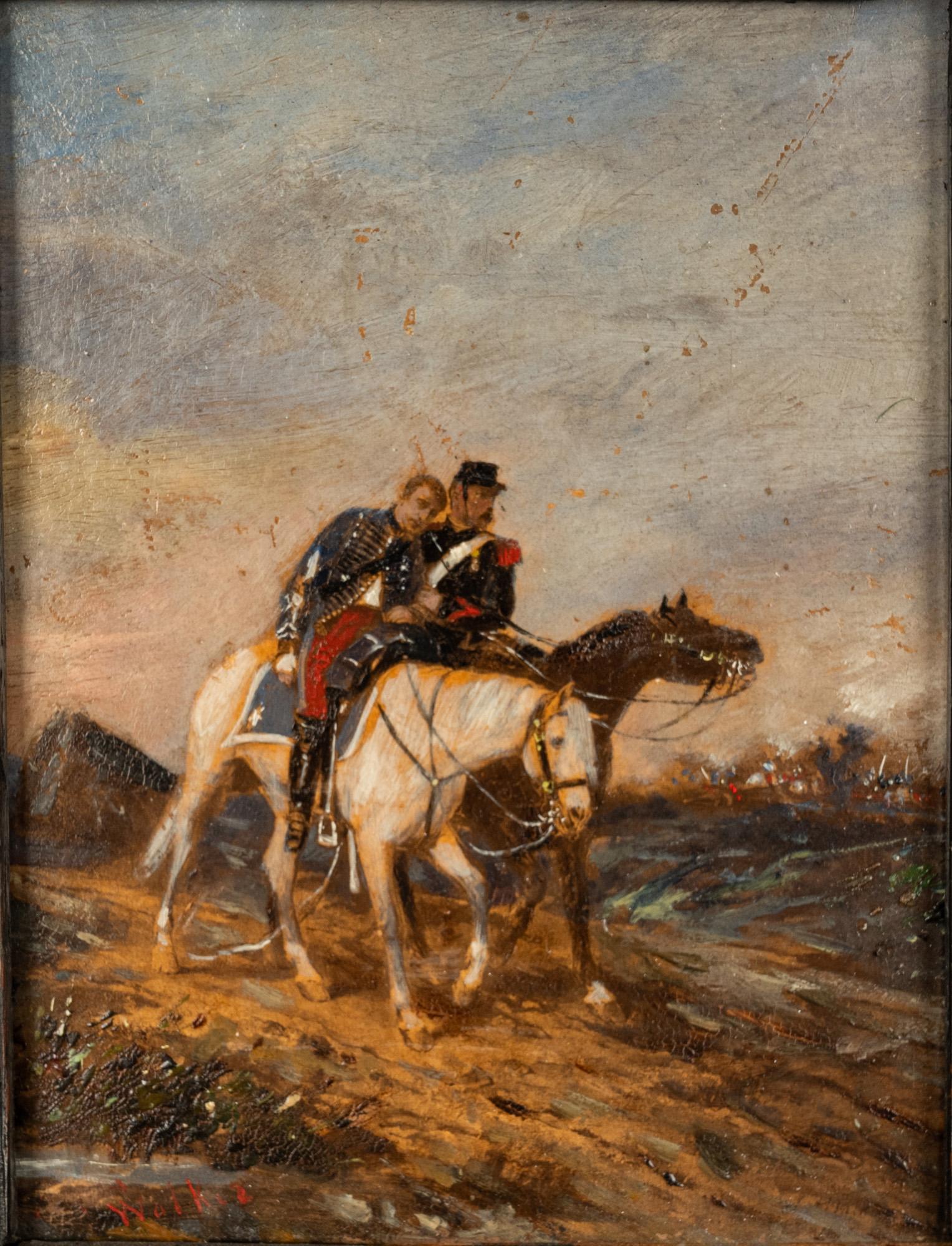 Antique French Miniature Oil Painting on Panel French Battle Cavalry Horse Scene 1875 in vendita 4