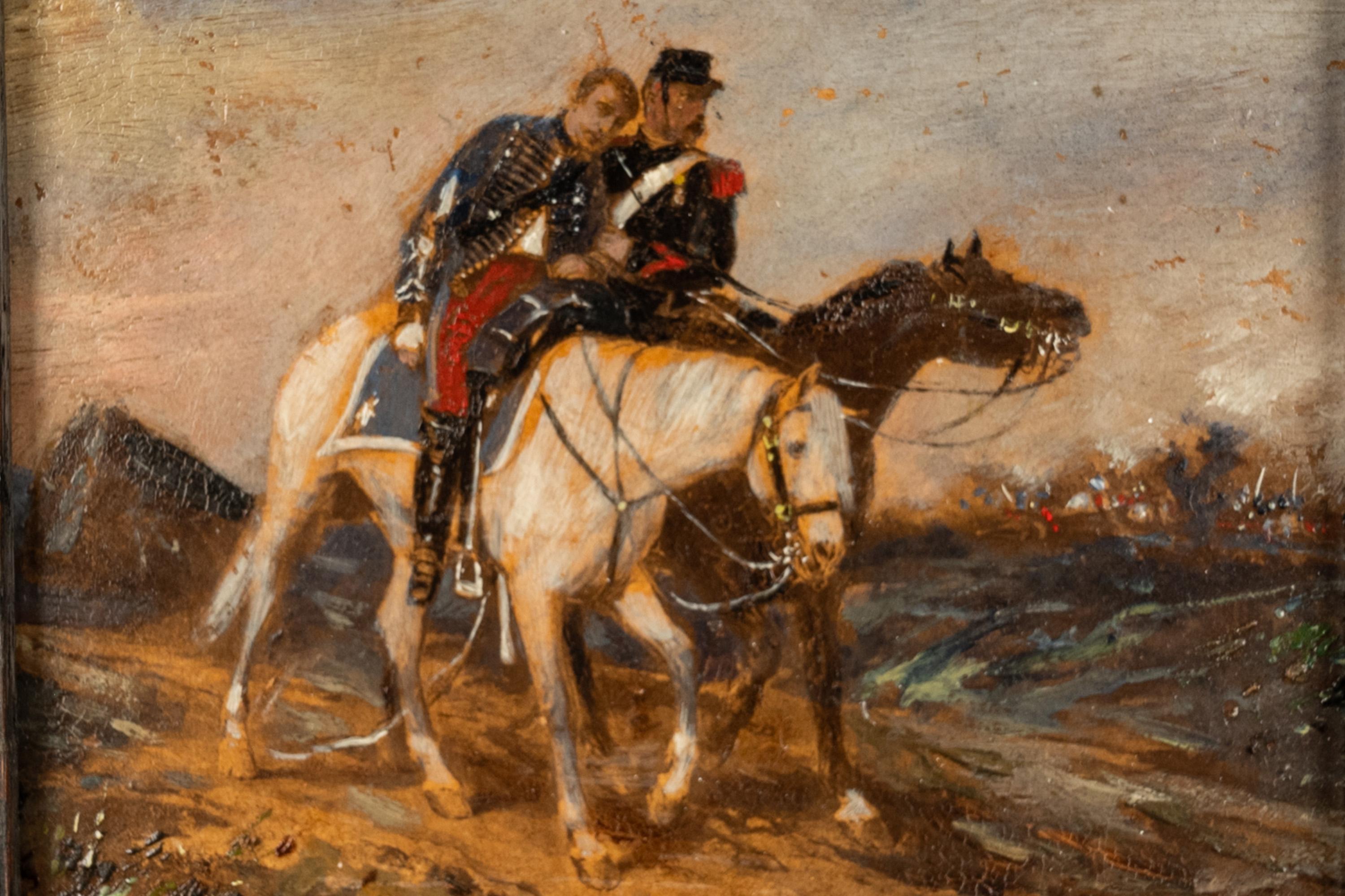 Antique French Miniature Oil Painting on Panel French Battle Cavalry Horse Scene 1875 in vendita 5
