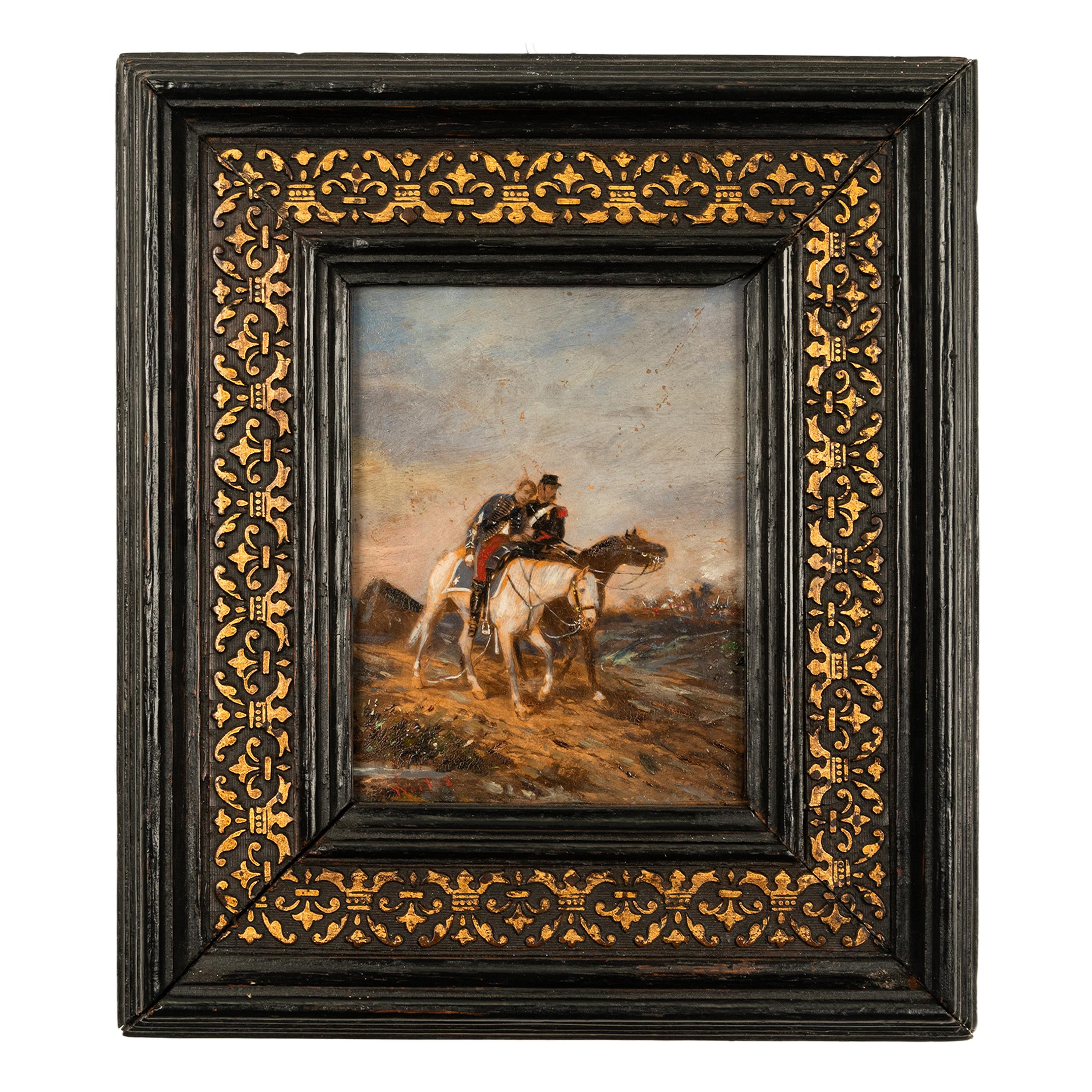 Figurative Painting di James Alexander Walker - Antique French Miniature Oil Painting on Panel French Battle Cavalry Horse Scene 1875