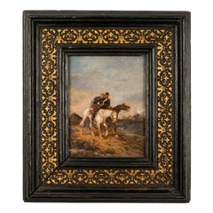 Antique Miniature Oil Painting on Panel French Battle Cavalry Horse Scene 1875