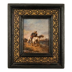 Antiquité Miniature Peinture à l'Huile sur Panneau Scène de Bataille de Cavalerie à Cheval 1875