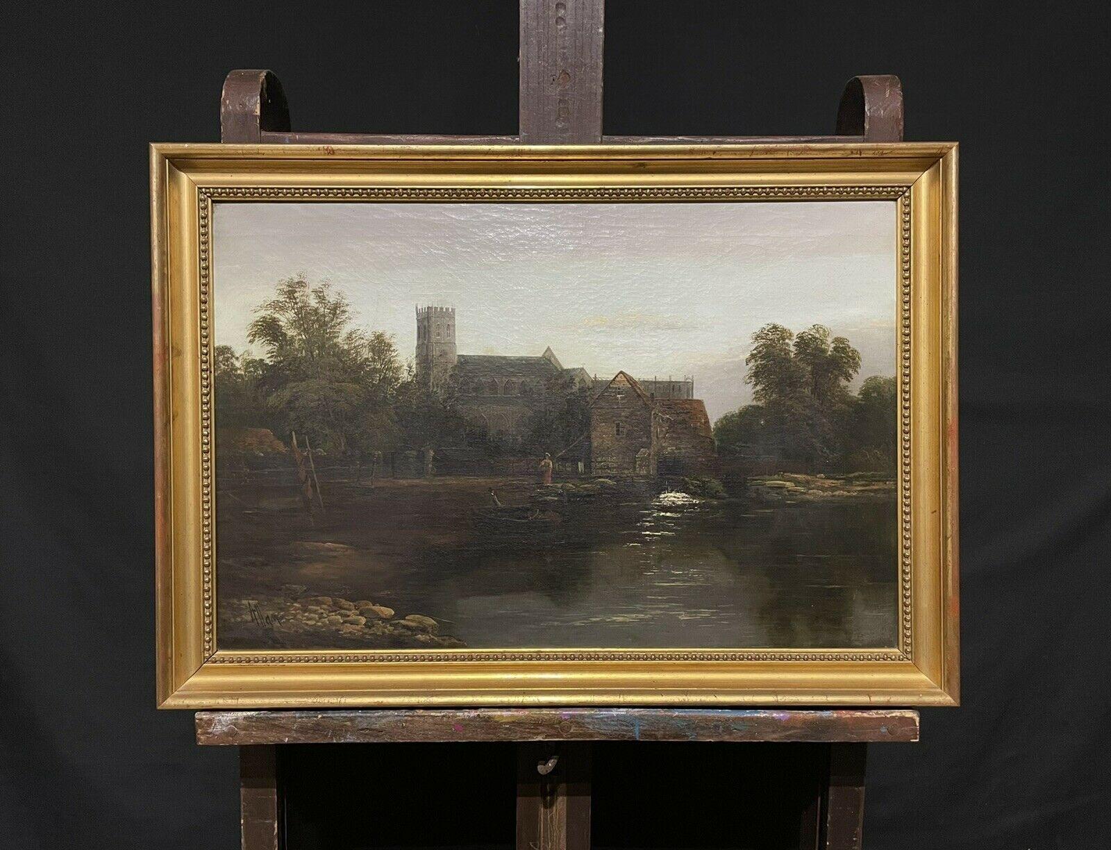 Antique British Signed Oil on Canvas Figures on River by Old Watermill Church - Painting by James Allan