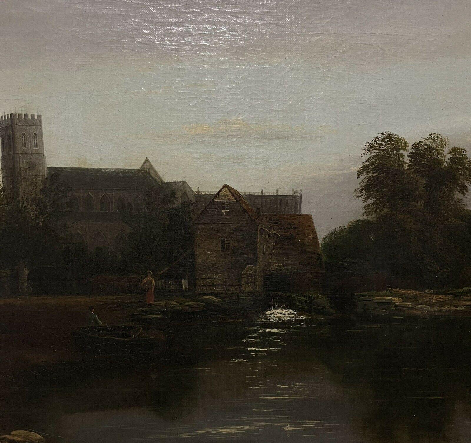 Antique British Signed Oil on Canvas Figures on River by Old Watermill Church - Black Landscape Painting by James Allan