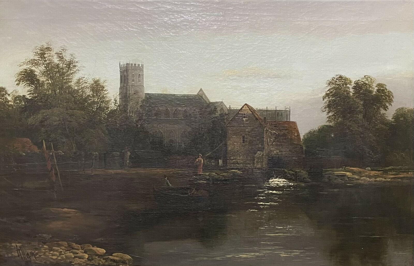 James Allan Landscape Painting - Antique British Signed Oil on Canvas Figures on River by Old Watermill Church