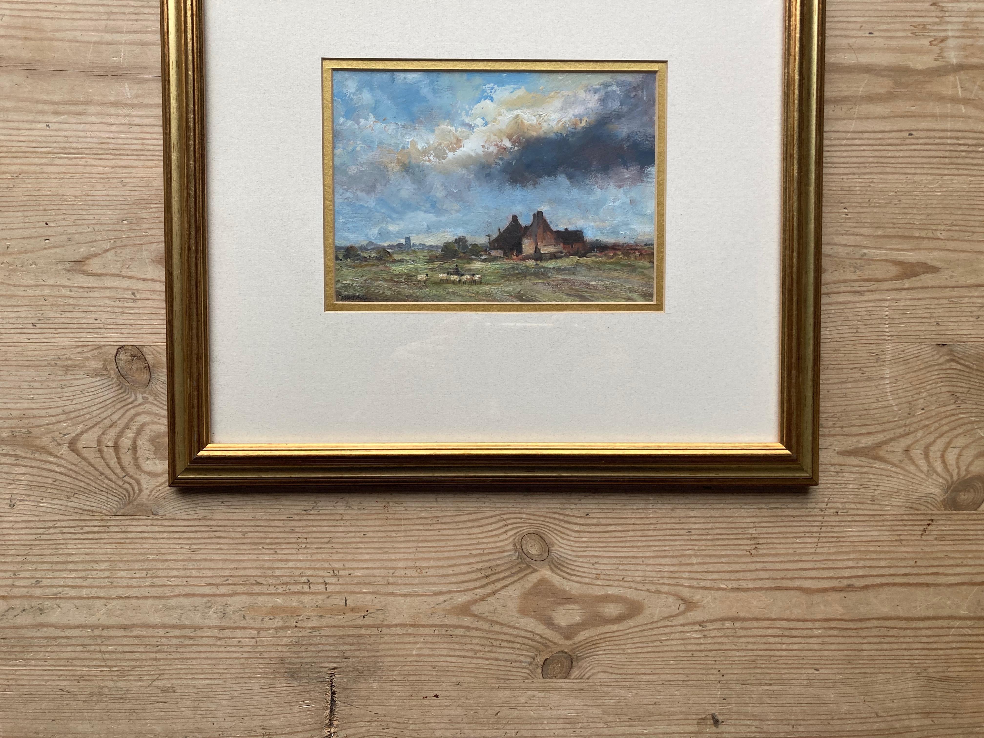 A delightful scene of a shepherd herding his flock before a cottage.

James J Allen
A shepherd and his flock before a cottage
Signed
Oil on board
4¾ x 6¾ inches unframed
12½ x 14 inches with the frame

James J. Allen was born at Framlingham,