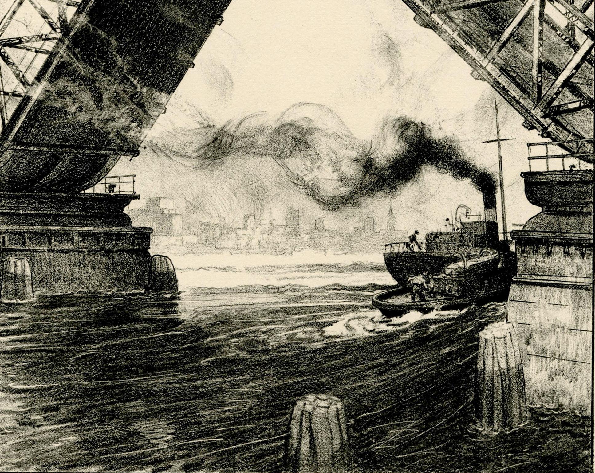 The Bridge (New York Harbor)
Lithograph,  1936-7
Signed in pencil l.r., (see photo)
titled lower left edge of sheet
Reference: Not in Ryan
Edition: Very small
Note: Extremely rare.  No impressions can be found in the Smithsonian American Art Museum,