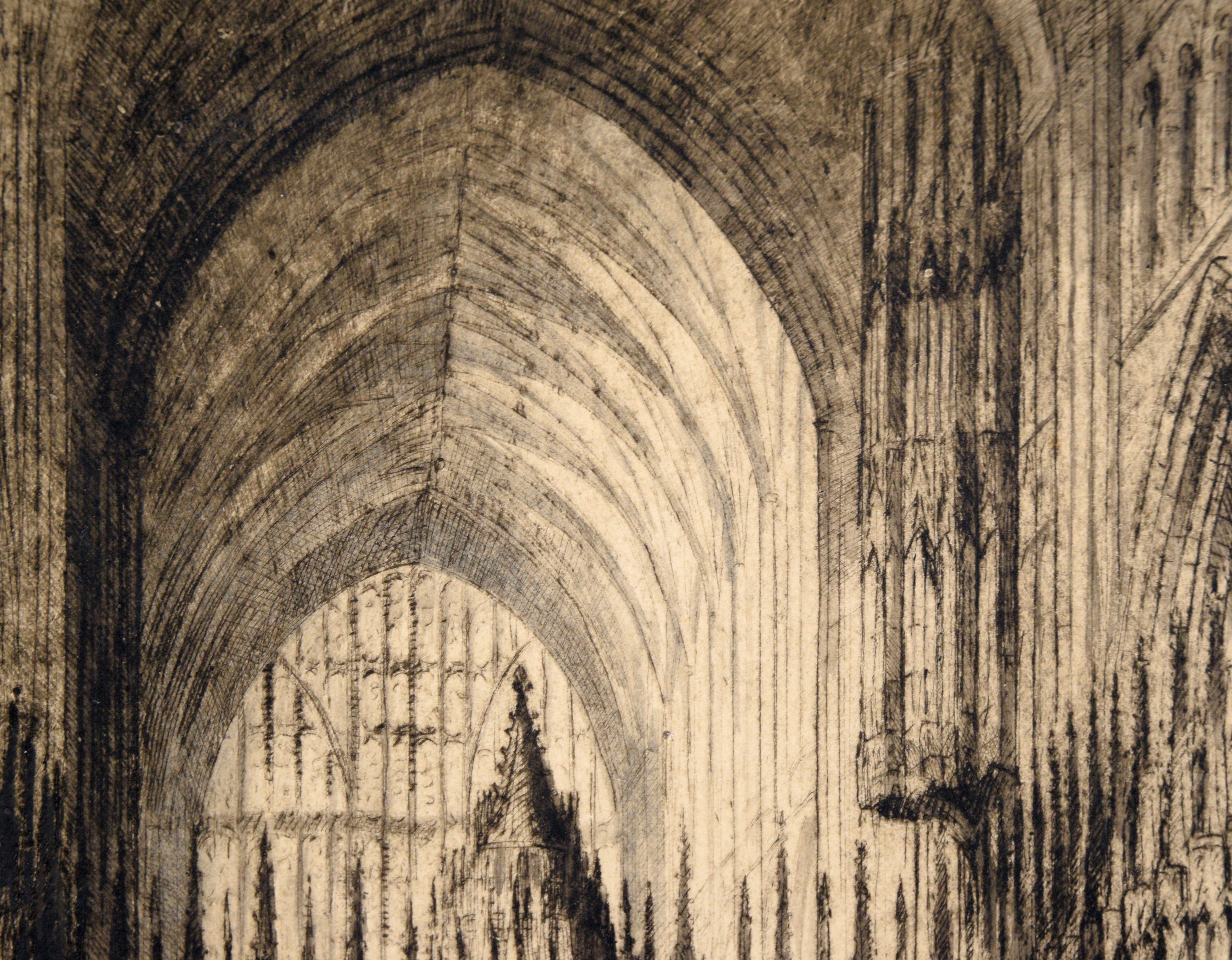 Chester-Kathedrale – Kaltnadelradierung in Tinte auf Papier (Romantik), Print, von James Alphege Brewer