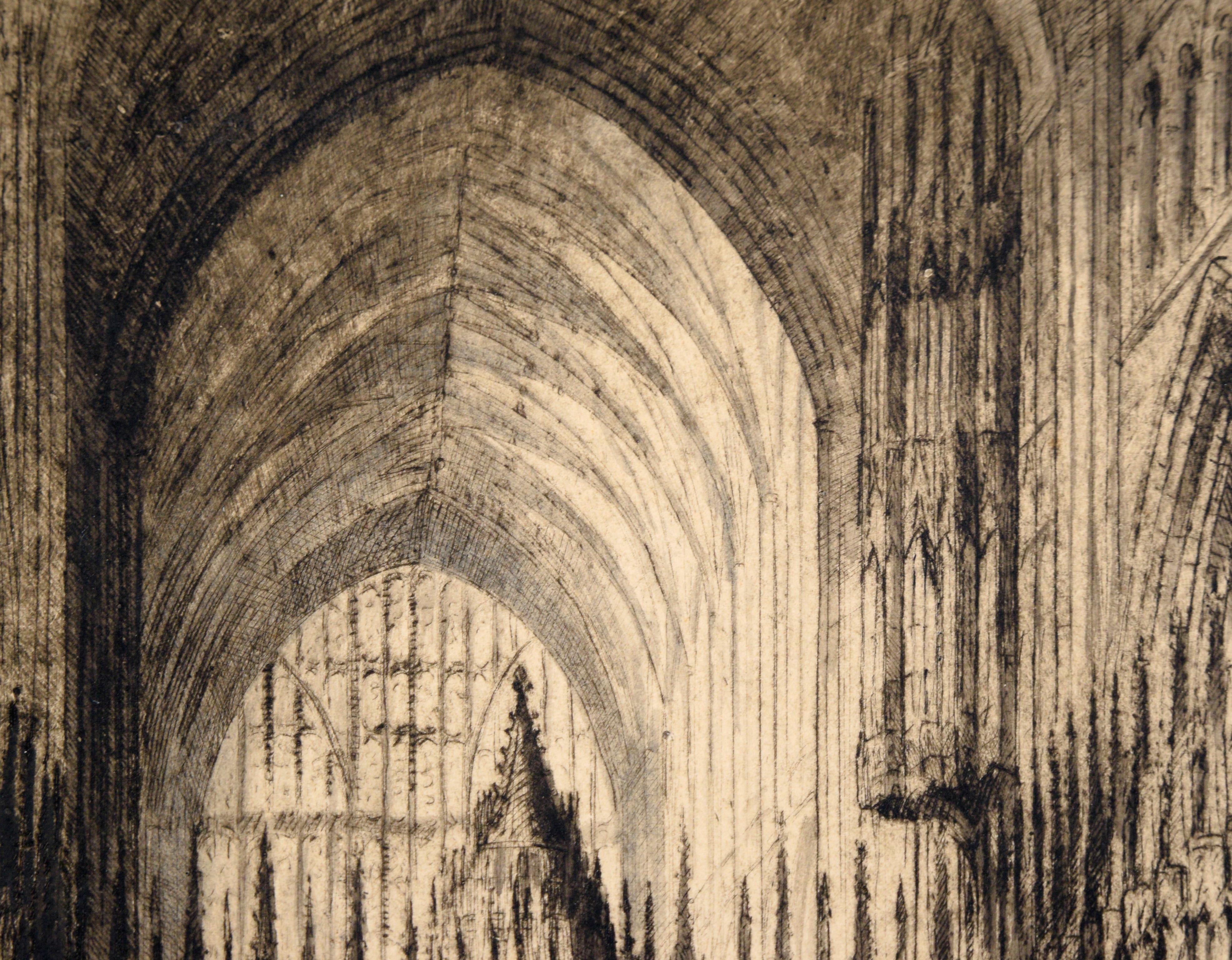 Cathédrale de Chester - Gravure à la pointe sèche à l'encre sur papier - Romantique Print par James Alphege Brewer