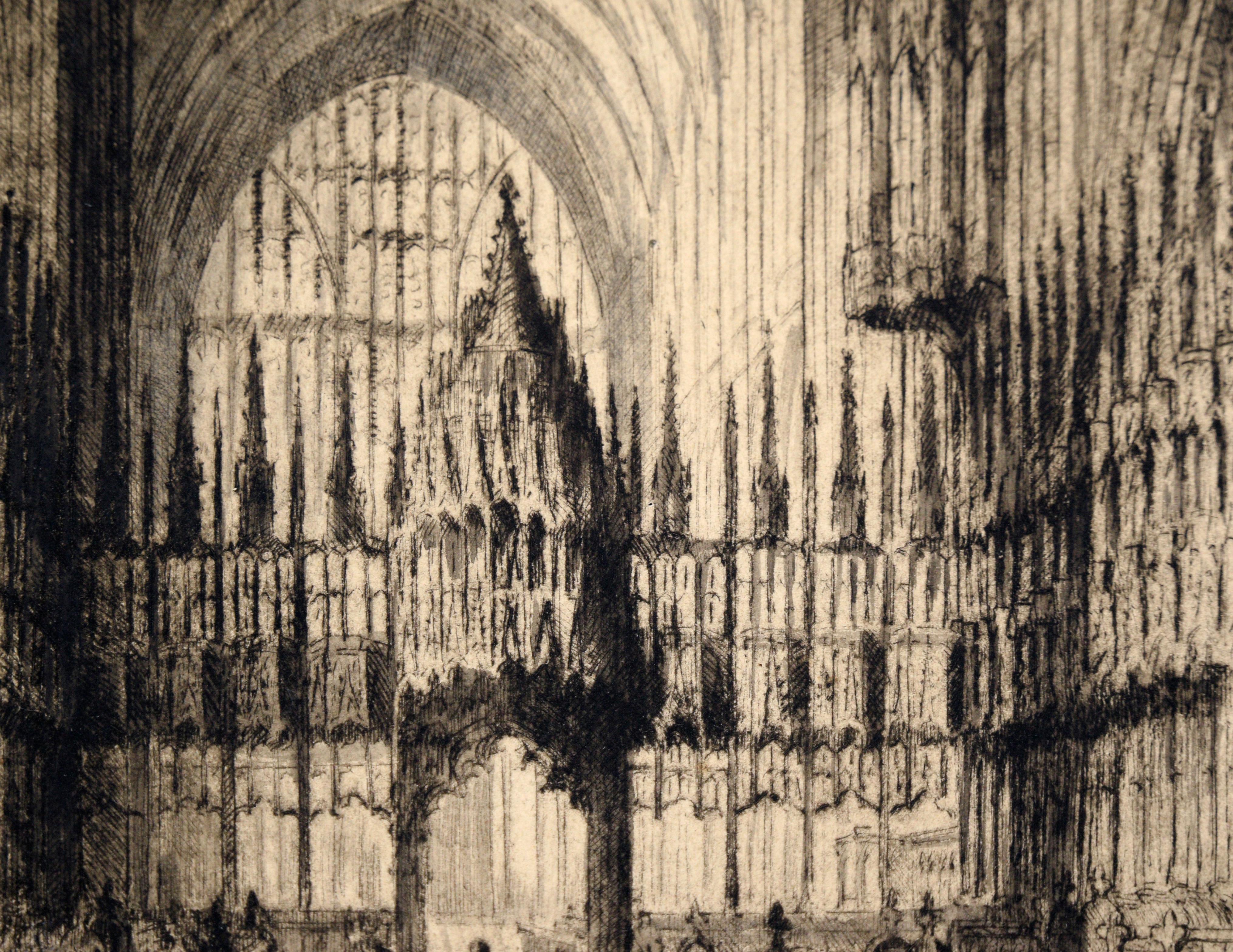 Kathedrale von Chester - Kaltnadelradierung mit Tinte auf Papier

Dramatische Kaltnadelradierung von J. Alphege Brewer (Brite, 1881-1946). Diese Komposition zeigt das Innere der Kathedrale von Chester in Brewers charakteristischem Stil - sehr