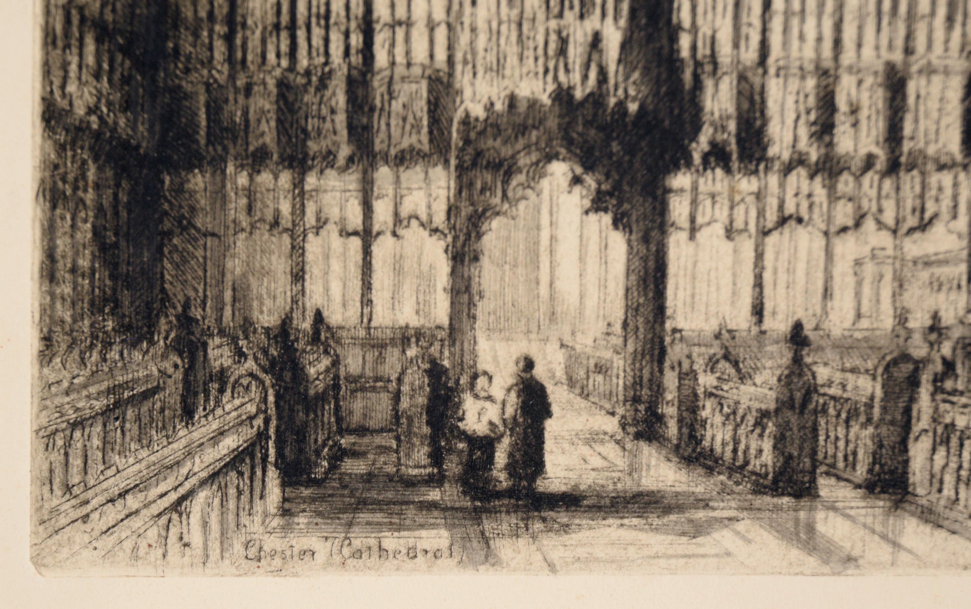 Cathédrale de Chester - Gravure à la pointe sèche à l'encre sur papier

Gravure à la pointe sèche dramatique de J. Alphege Brewer (britannique, 1881-1946). Cette composition montre l'intérieur de la cathédrale de Chester dans le style