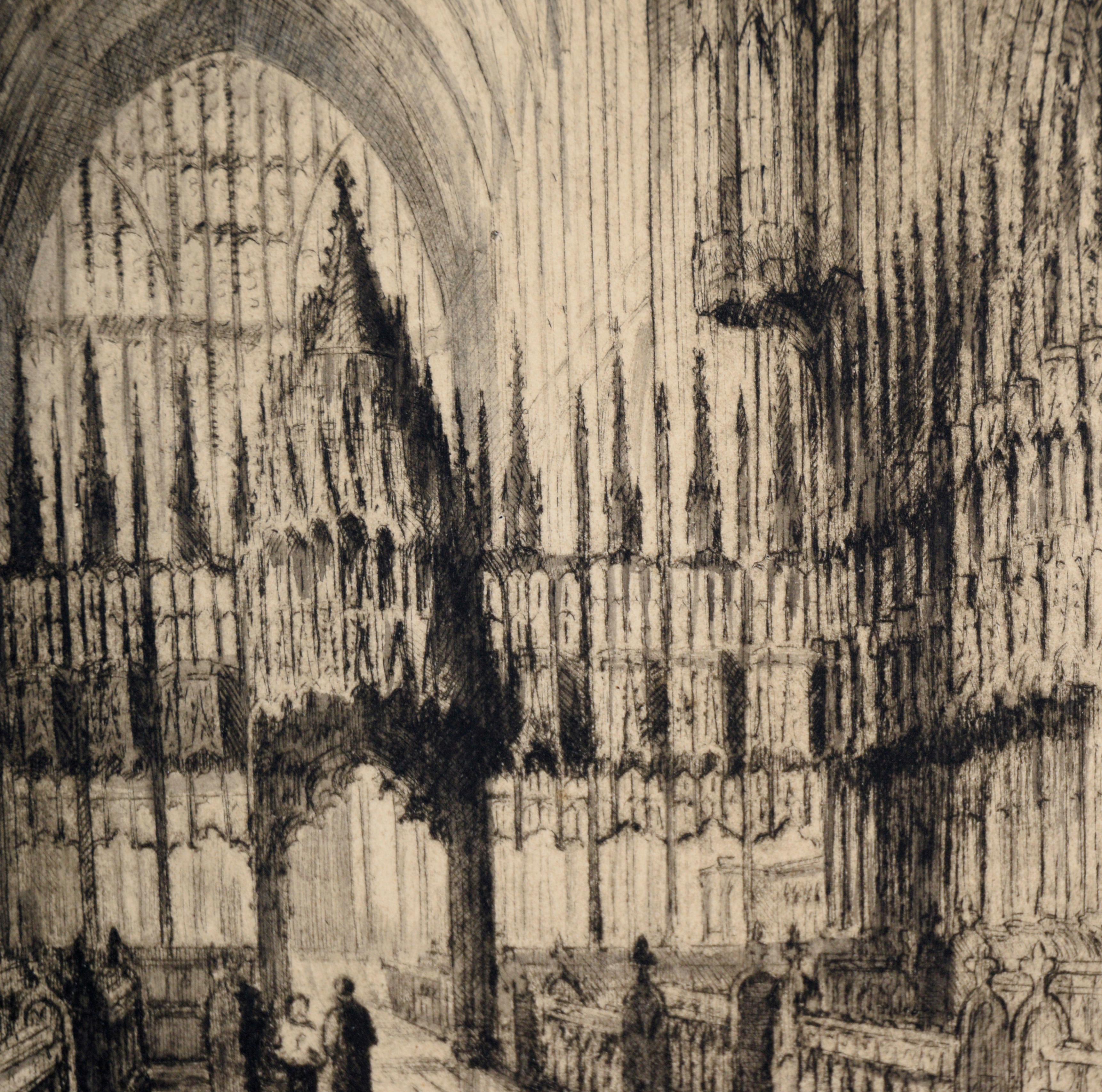 Chester Cathedral - Drypoint Etching in Ink on Paper

Dramatic drypoint etching by J. Alphege Brewer (British, 1881-1946). This composition shows the interior of Chester Cathedral in Brewer's characteristic style - highly detailed and with strong