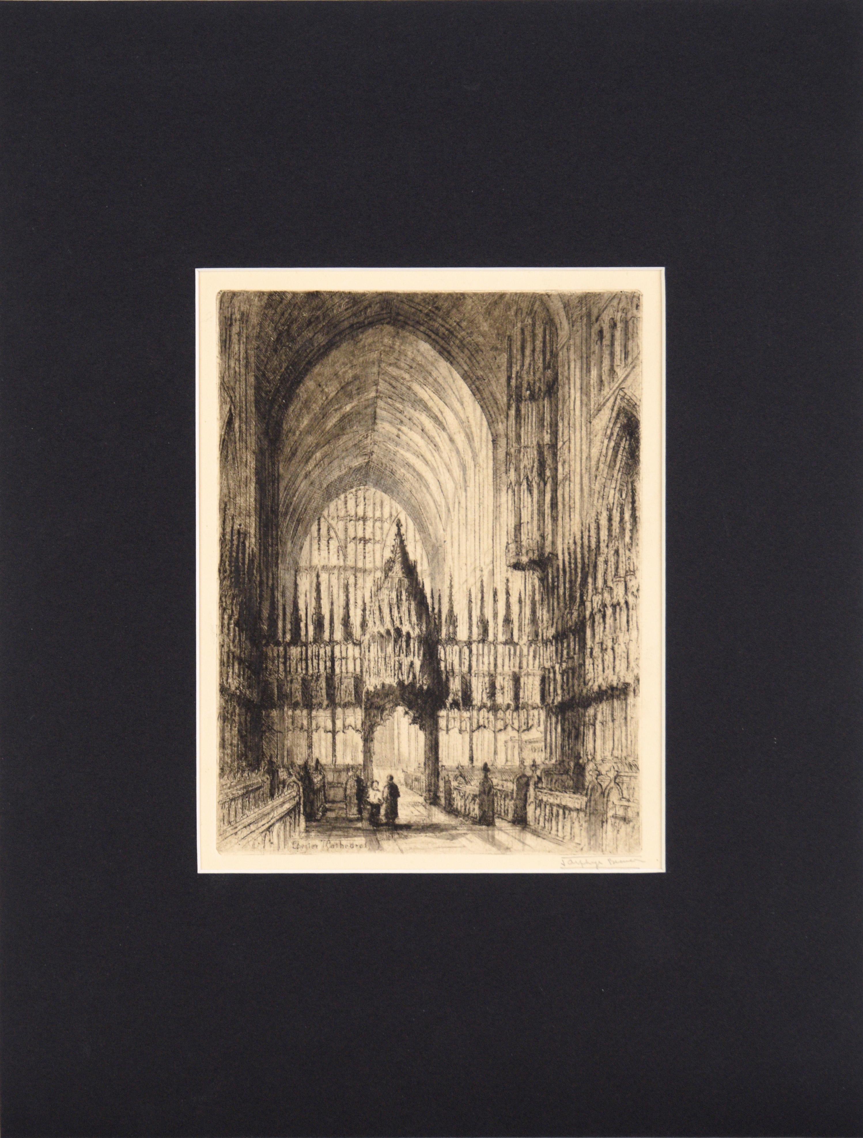James Alphege Brewer Figurative Print – Chester-Kathedrale – Kaltnadelradierung in Tinte auf Papier