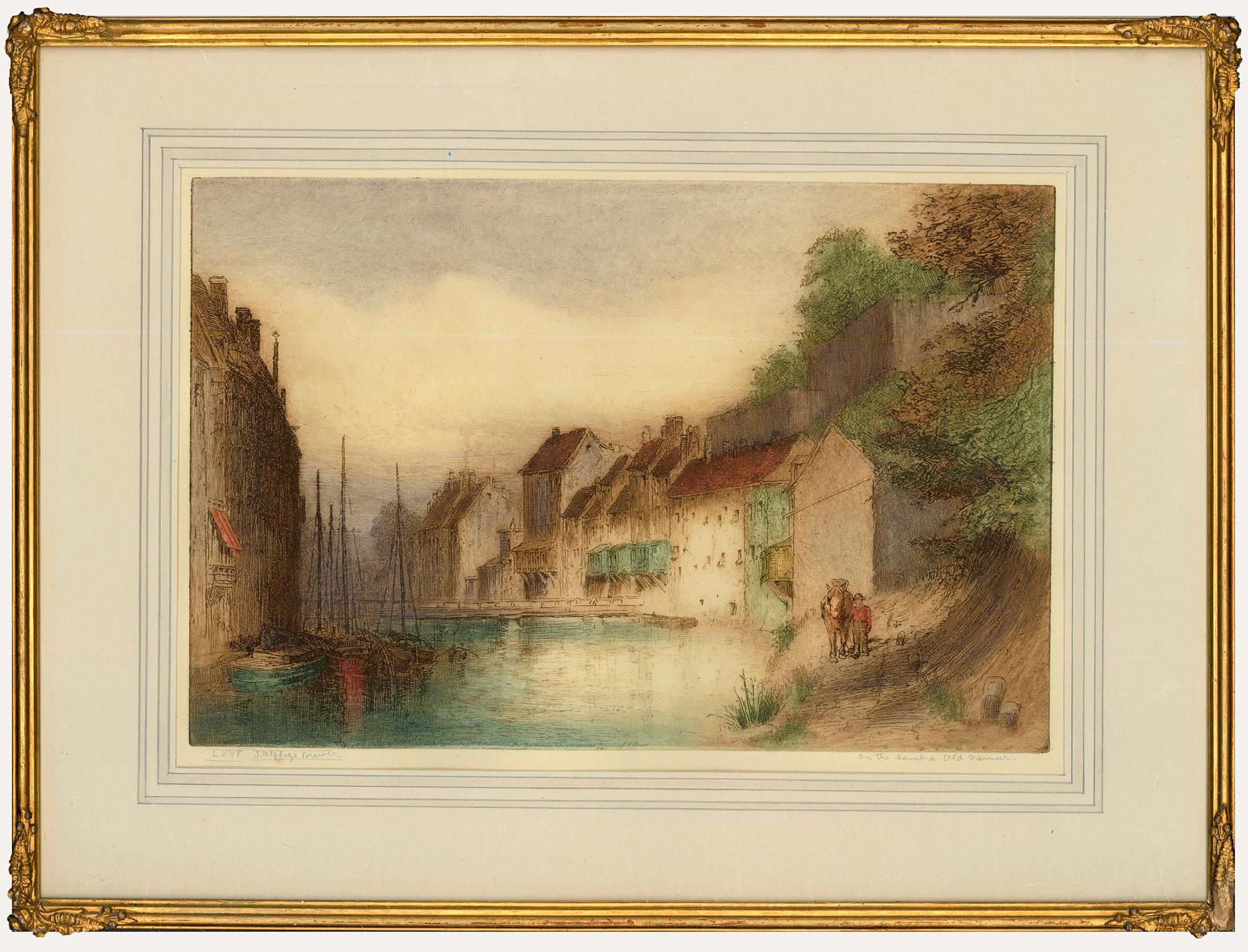 A charming coloured etching depicting the Sambre river in Namur, Belgium. Signed and titled in graphite below the plate lines. Presented in a gilt frame. On paper. 
