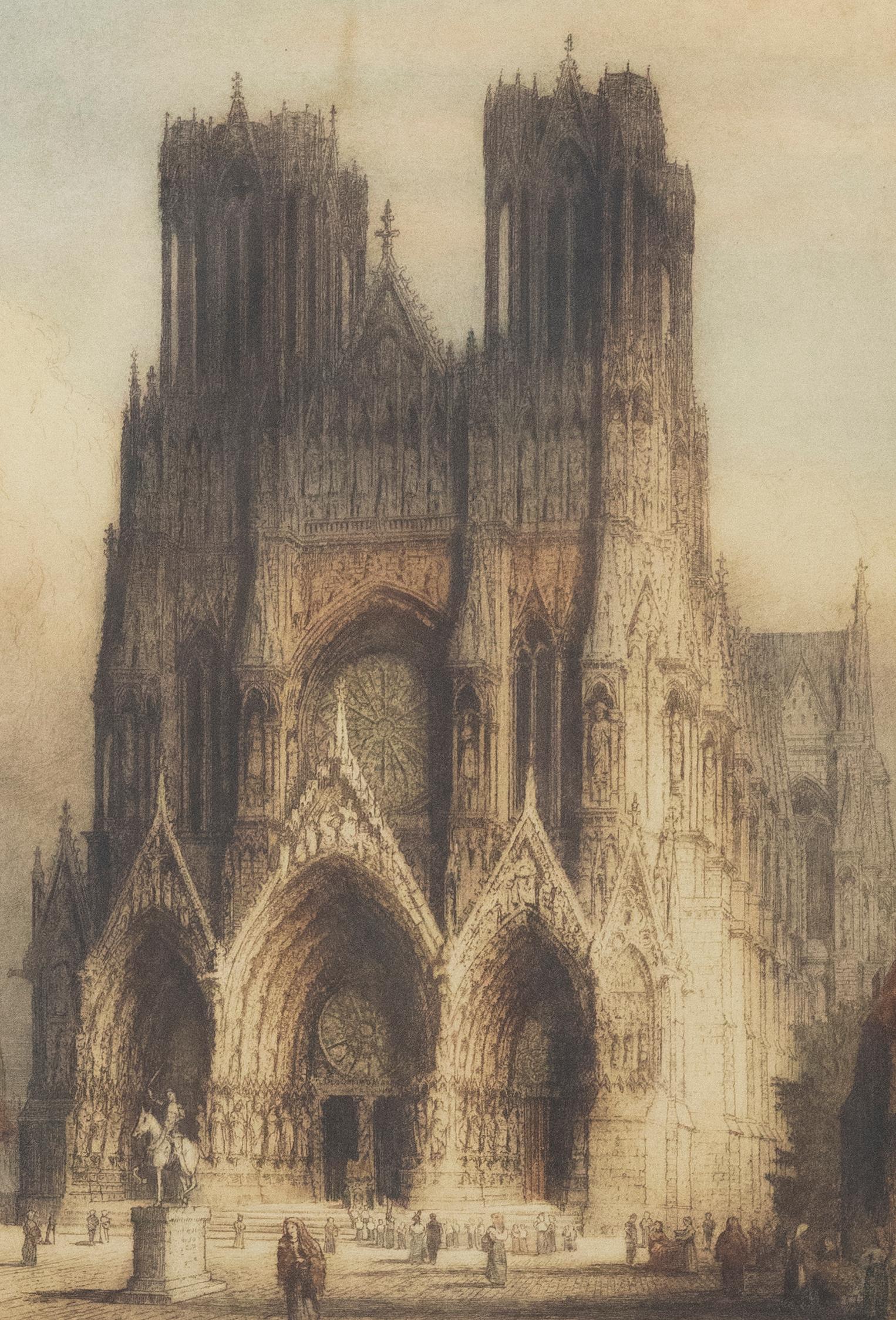 A charming hand tinted etching depicting Cathédrale Notre-Dame de Reims. Signed and titled in graphite below the plate lines. Presented in a gilt frame with ornate acanthus scrolling. On paper.
