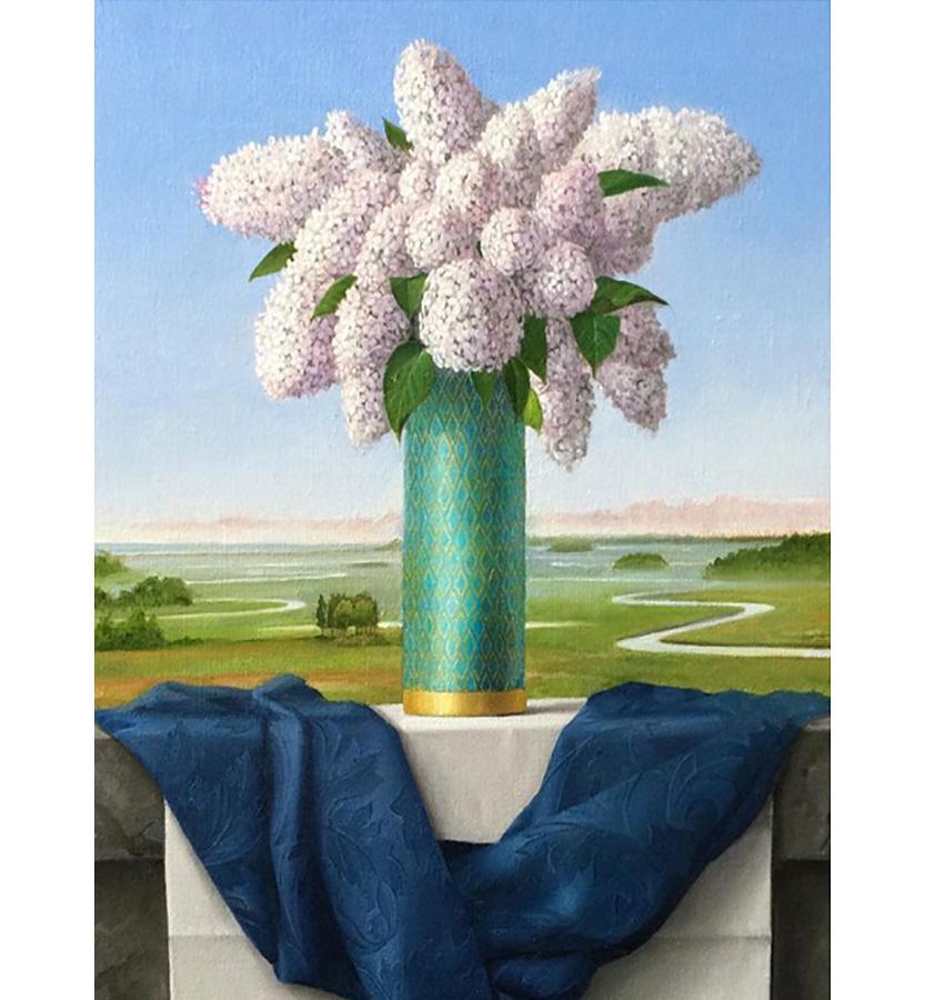 Cape Porpoise Still Life with Lilacs - Painting by James Aponovich