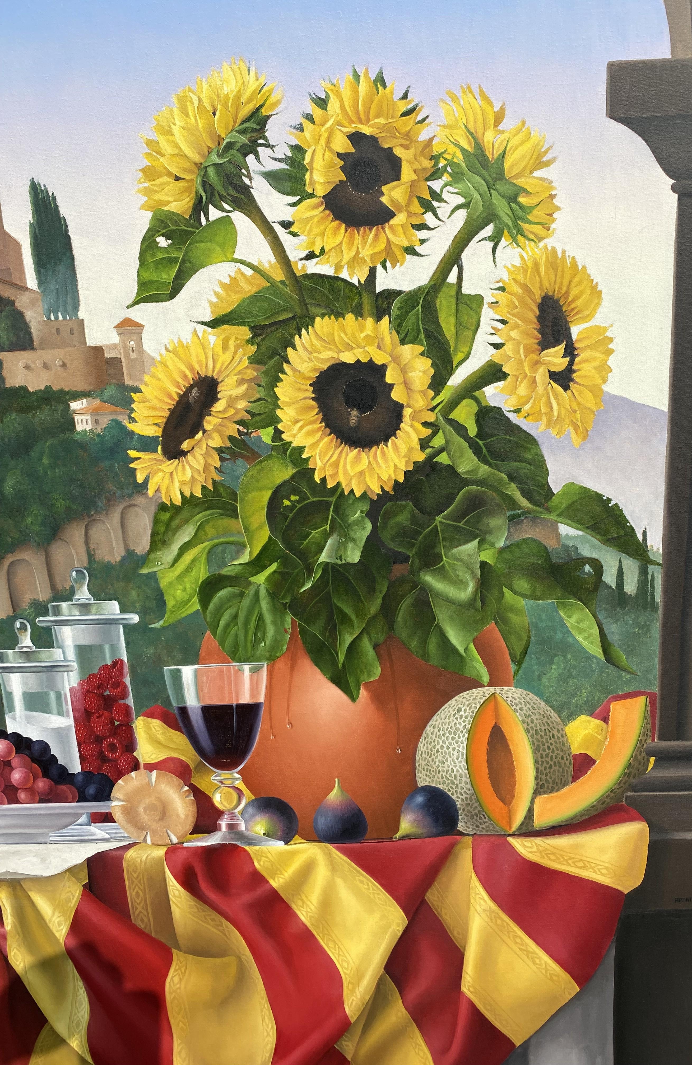 A wonderful pair of beautifully detailed still life oil paintings with Italian landscape and cityscape backgrounds by American contemporary artist James Aponovich (1948-). Aponovich was born in Nashua, and attended the University of New Hampshire at