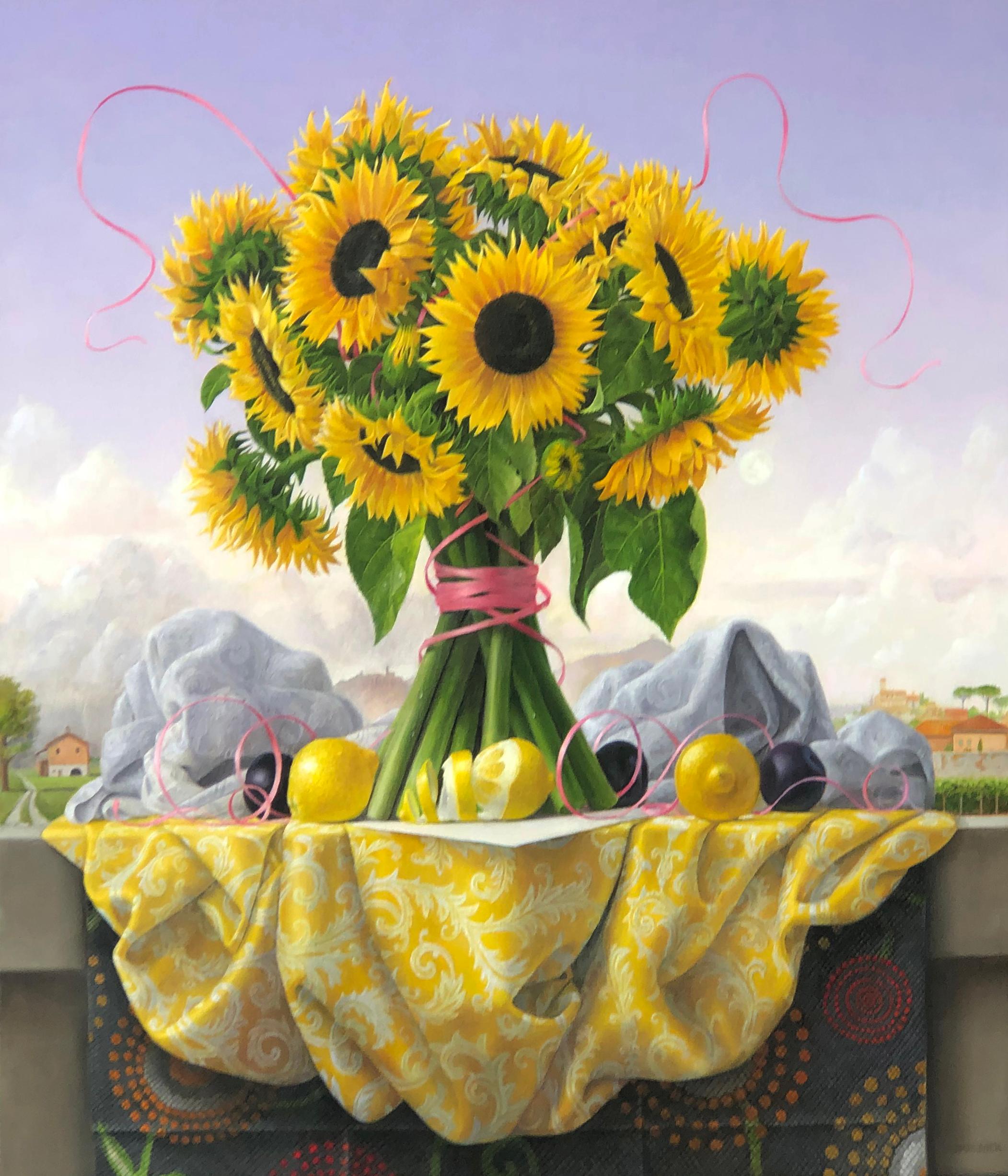 Still-Life Painting James Aponovich - Nature morte avec tournesols. Lemons et prunes