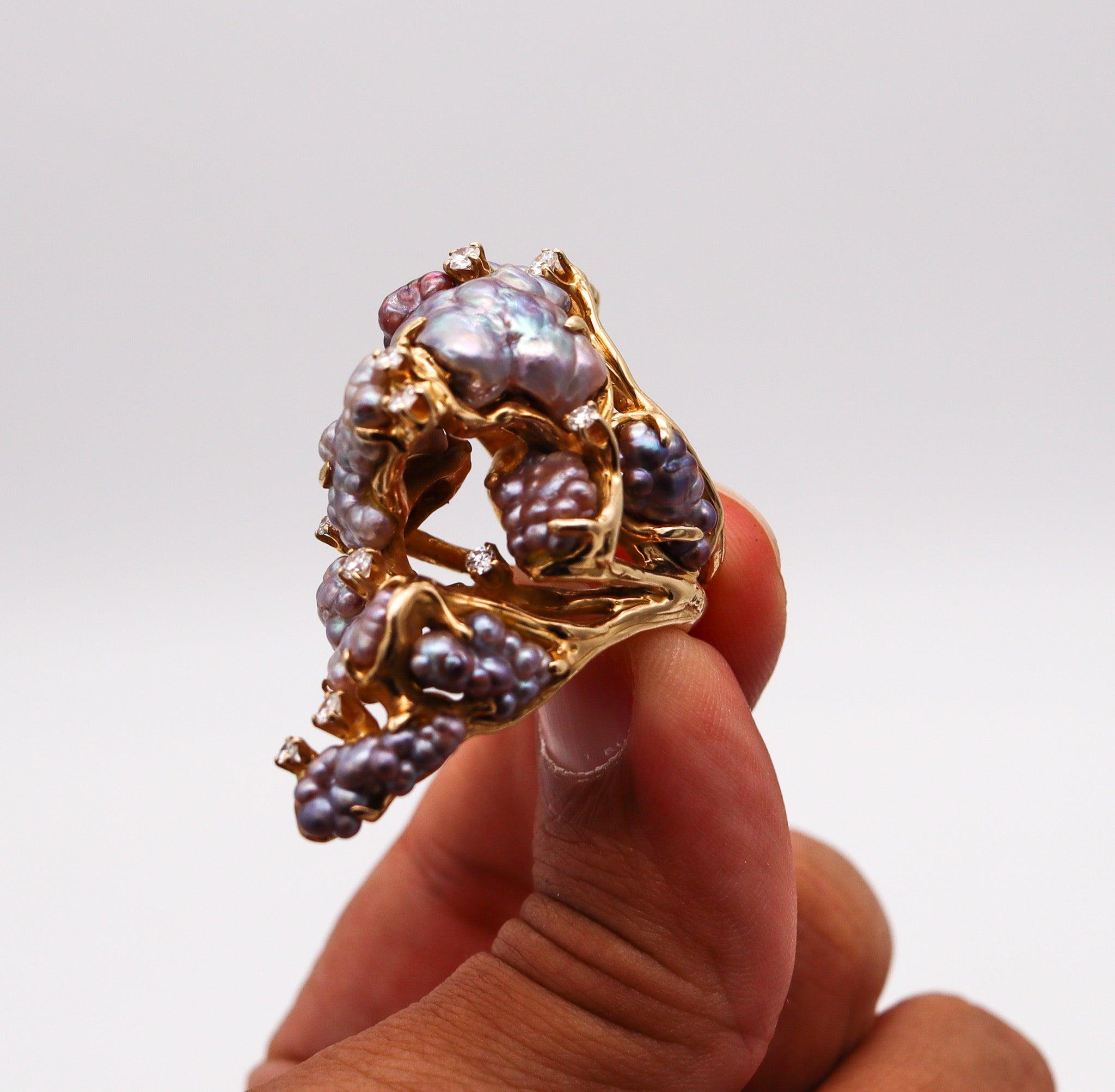 JAMES ARNOLD FREW 1960 Anillo de cóctel escultural Oro de 14 quilates con perlas y diamantes 4