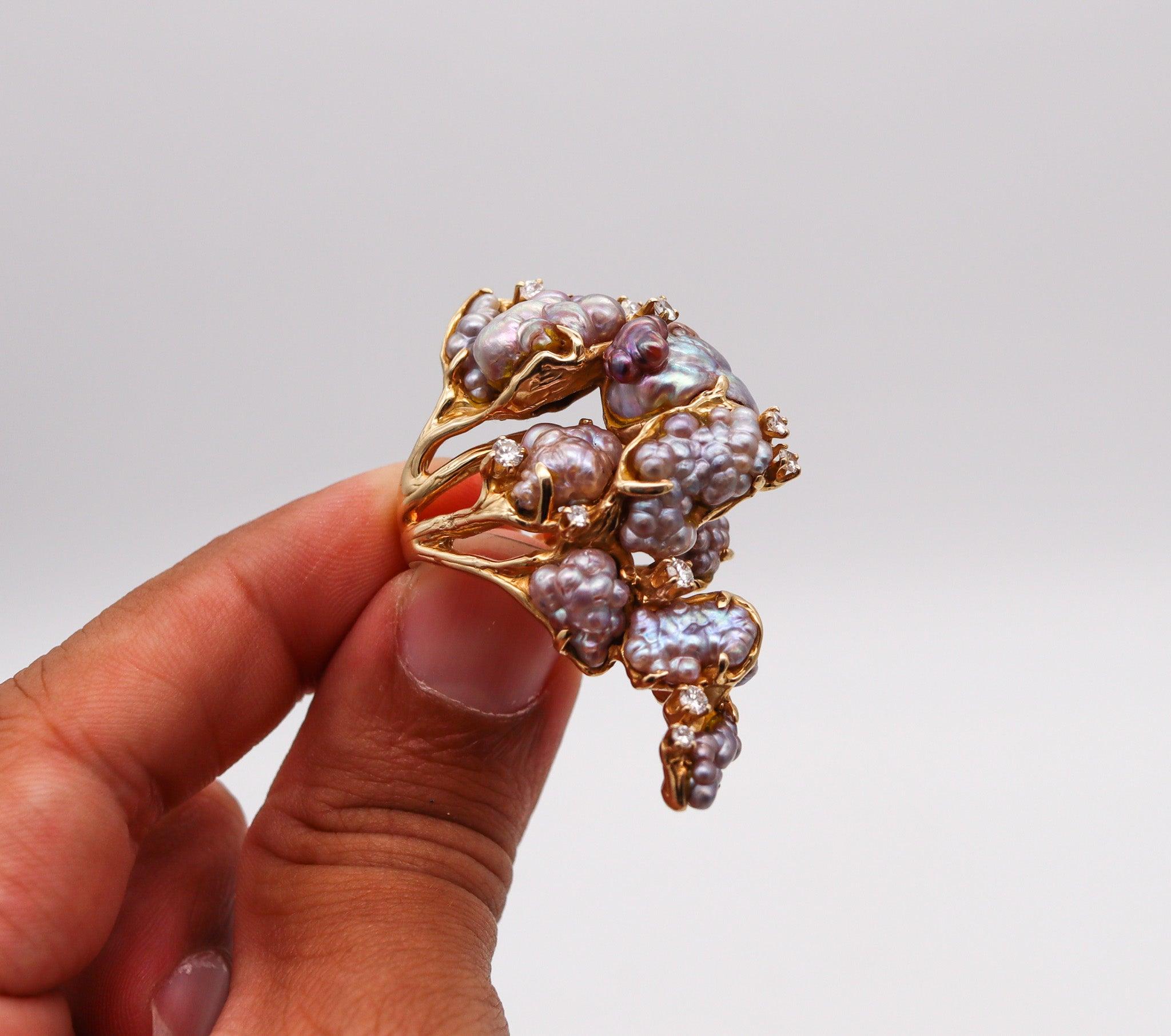 JAMES ARNOLD FREW 1960 Anillo de cóctel escultural Oro de 14 quilates con perlas y diamantes 5