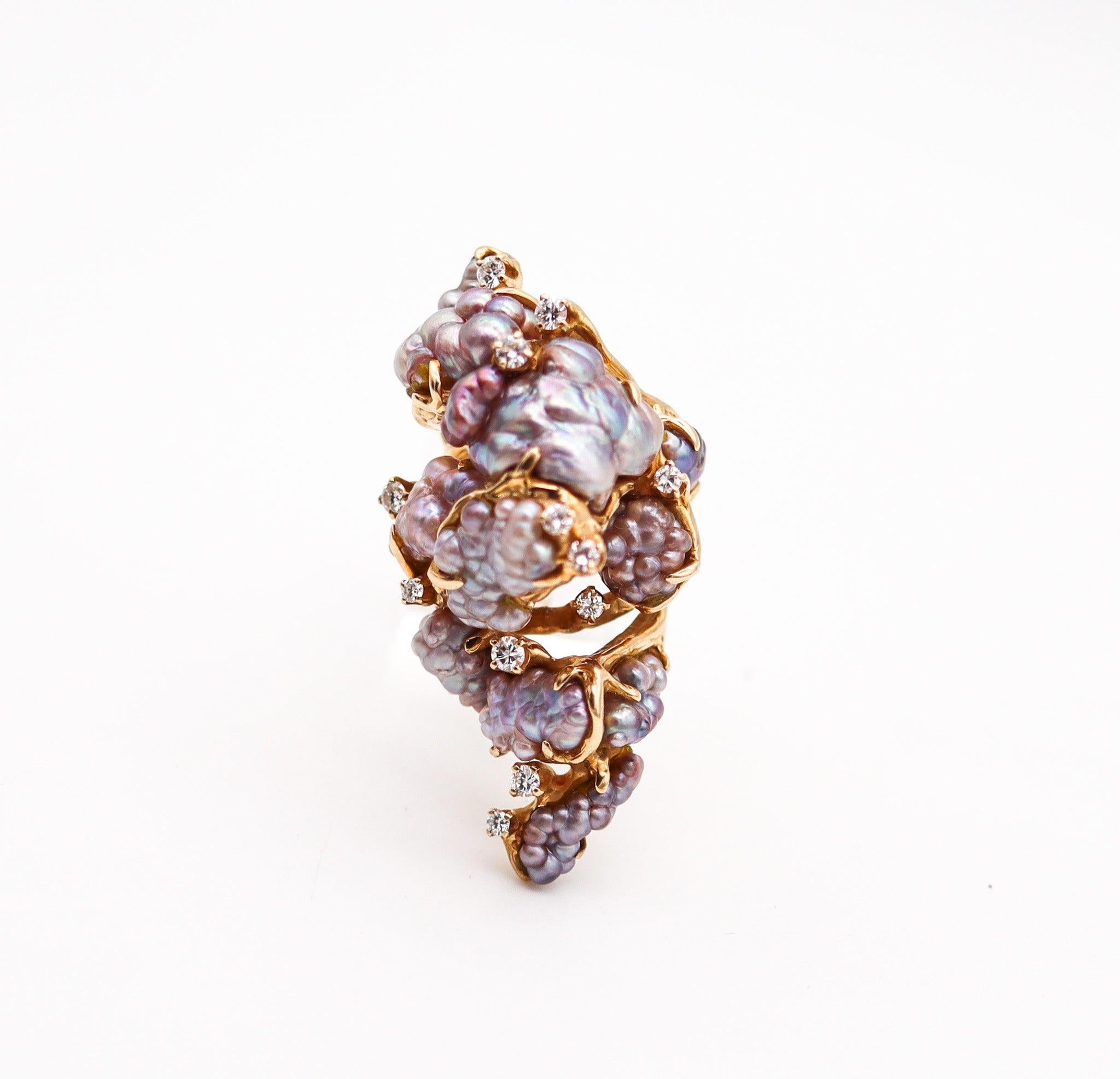 De las mujeres JAMES ARNOLD FREW 1960 Anillo de cóctel escultural Oro de 14 quilates con perlas y diamantes
