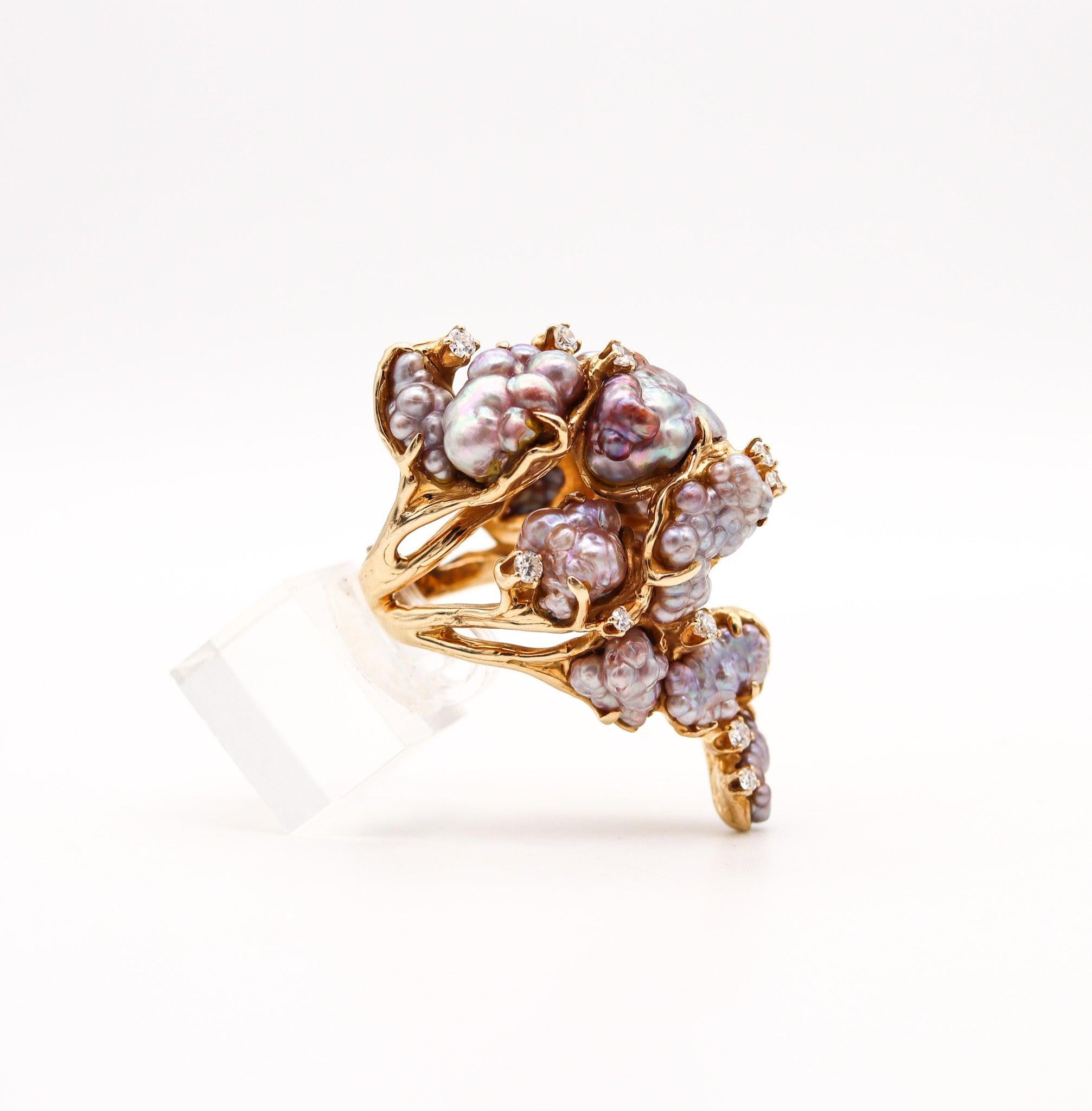 JAMES ARNOLD FREW 1960 Anillo de cóctel escultural Oro de 14 quilates con perlas y diamantes 1