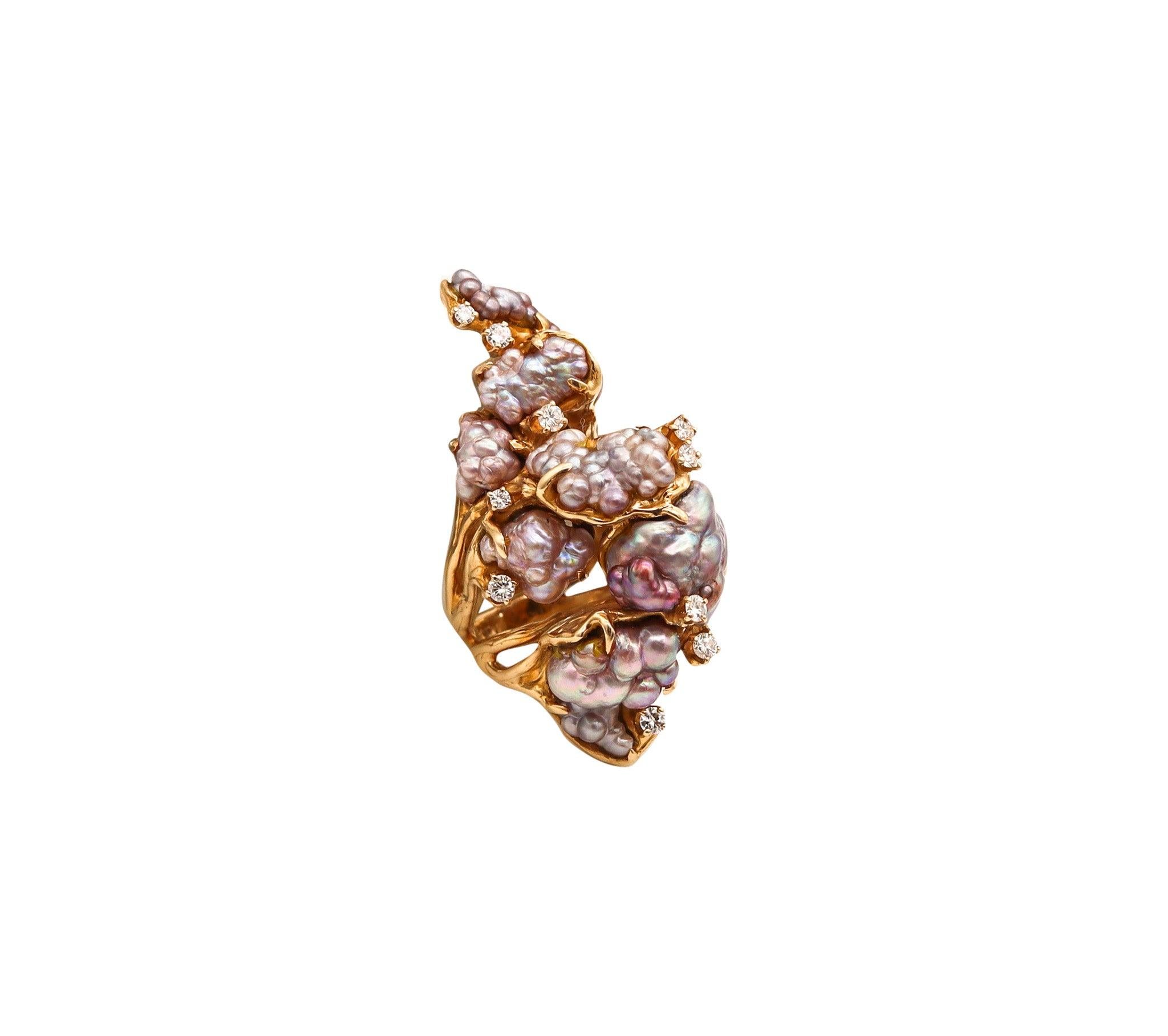 JAMES ARNOLD FREW 1960 Anillo de cóctel escultural Oro de 14 quilates con perlas y diamantes 2