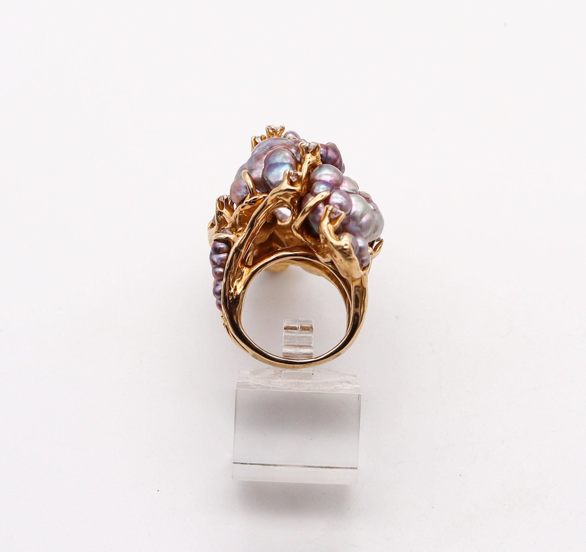 JAMES ARNOLD FREW 1960 Anillo de cóctel escultural Oro de 14 quilates con perlas y diamantes 3