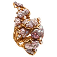 JAMES ARNOLD FREW 1960 Anillo de cóctel escultural Oro de 14 quilates con perlas y diamantes