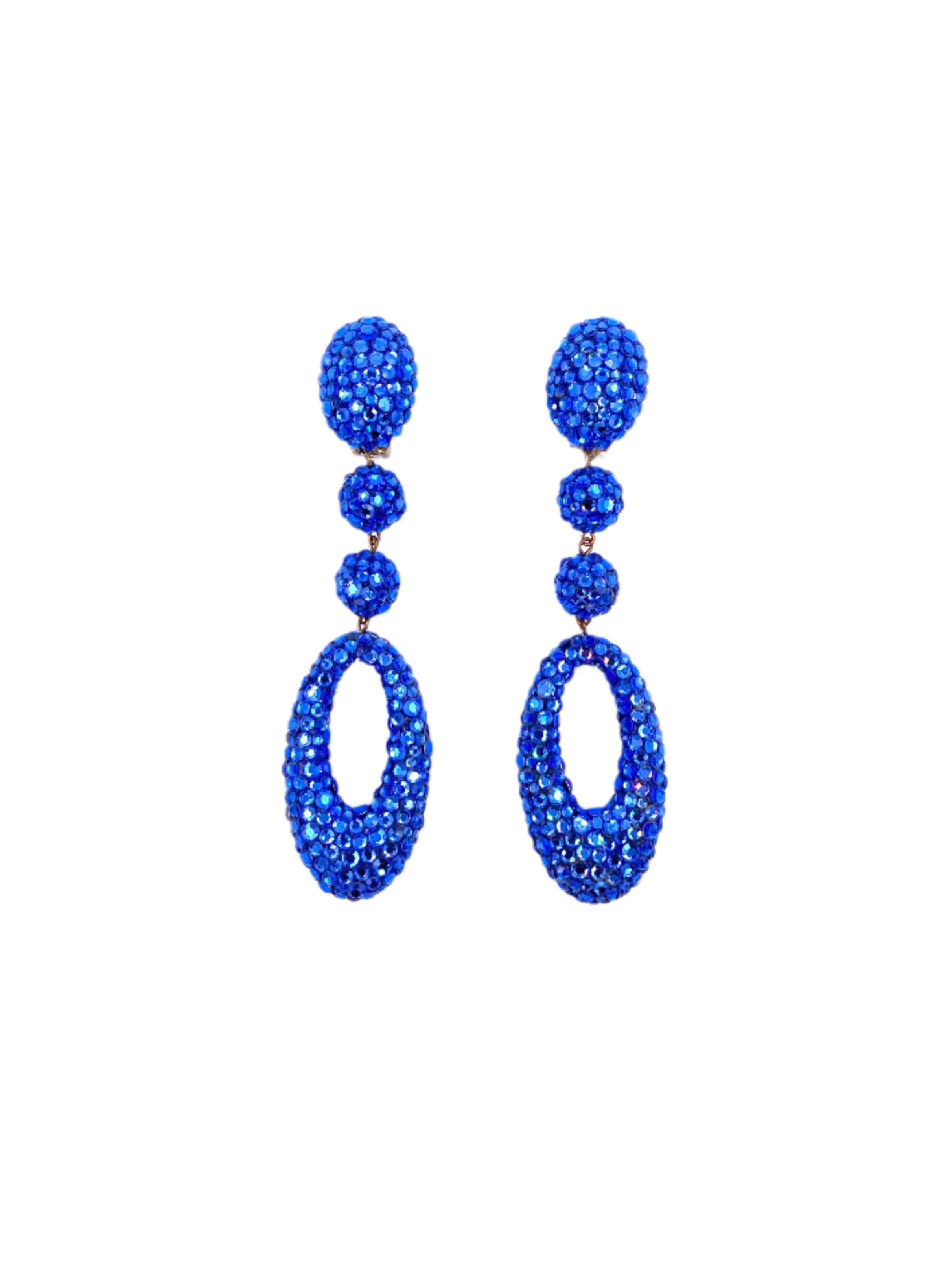 James Arpad Blue Rhinestone Oval Drop Clip-On Earrings In Good Condition For Sale In Los Angeles, CA