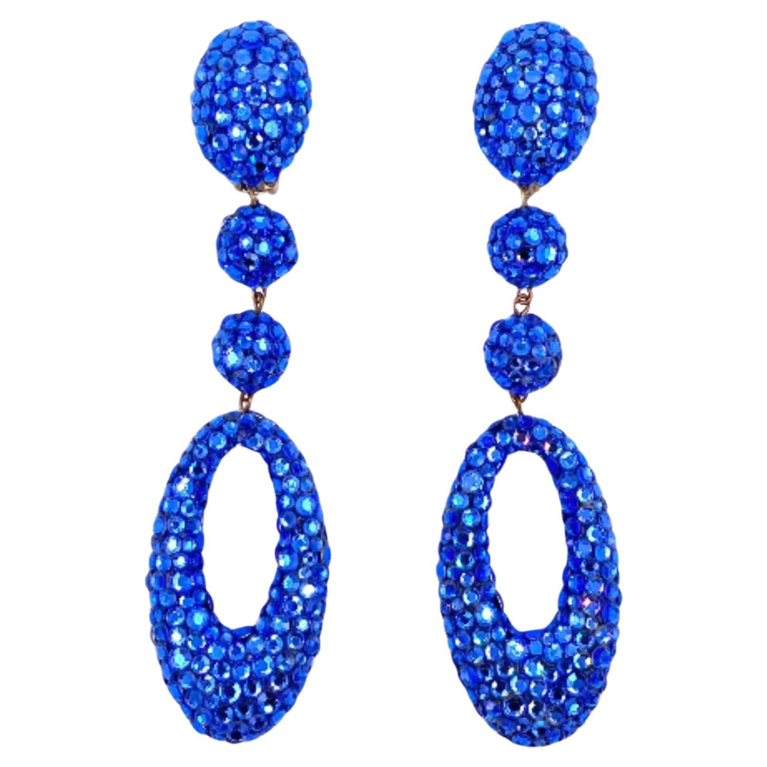 James Arpad Blue Rhinestone Oval Drop Clip-On Earrings For Sale